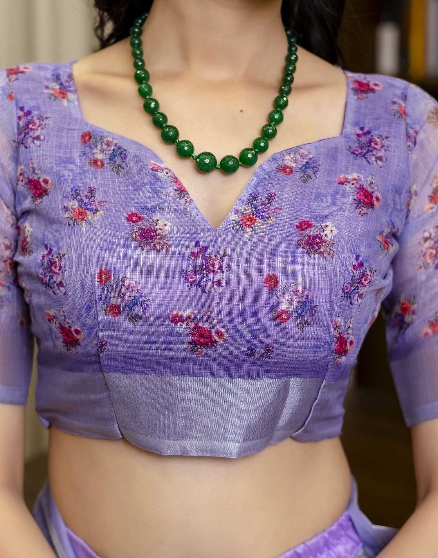 Ready To Wear Light Purple Linen Floral Printed Saree