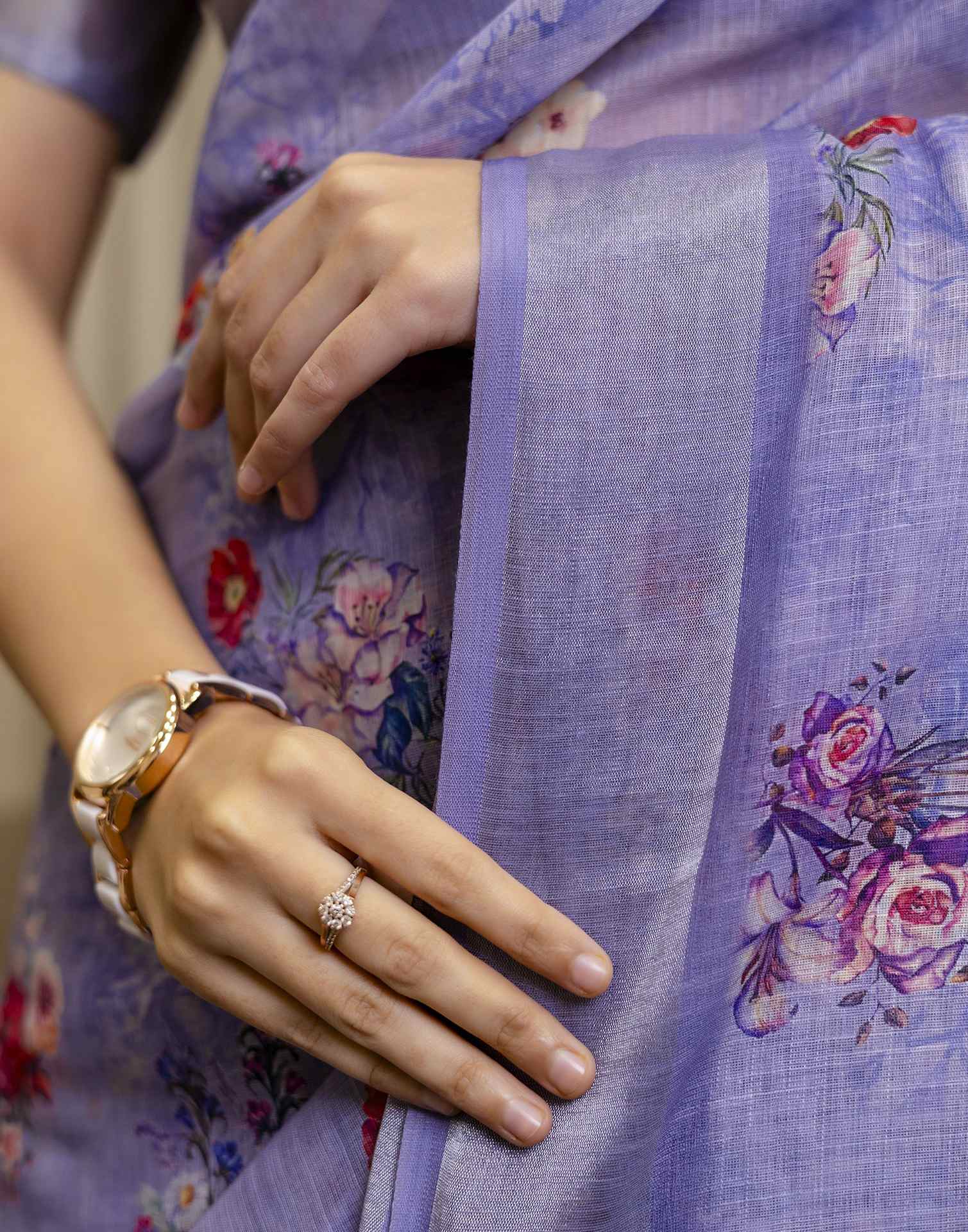 Ready To Wear Light Purple Linen Floral Printed Saree