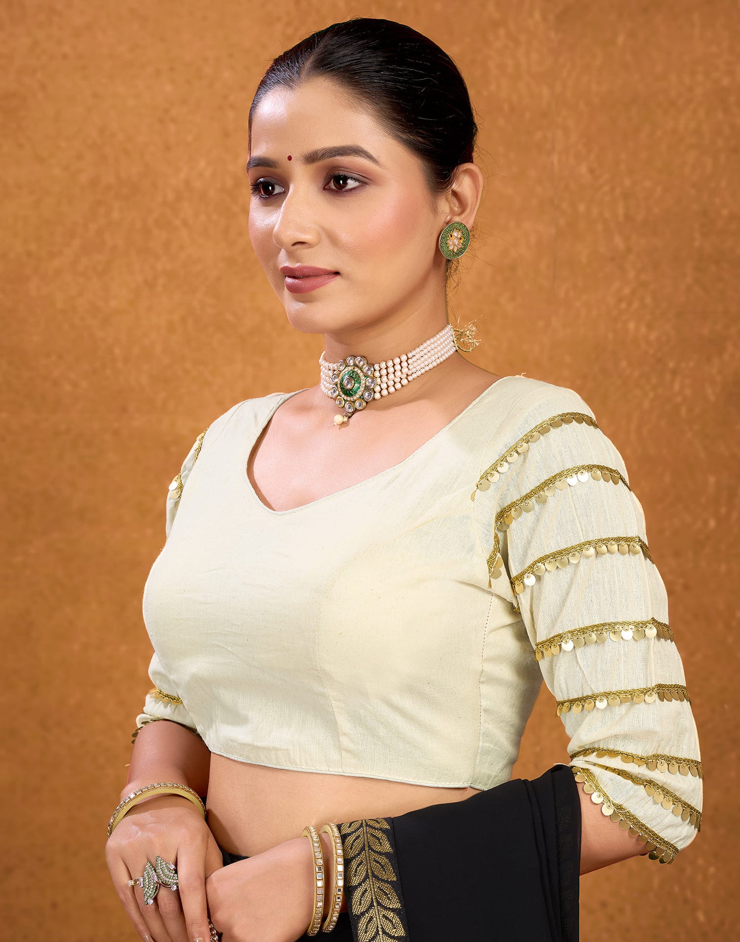 Cream Cotton Plain Sequence Blouse