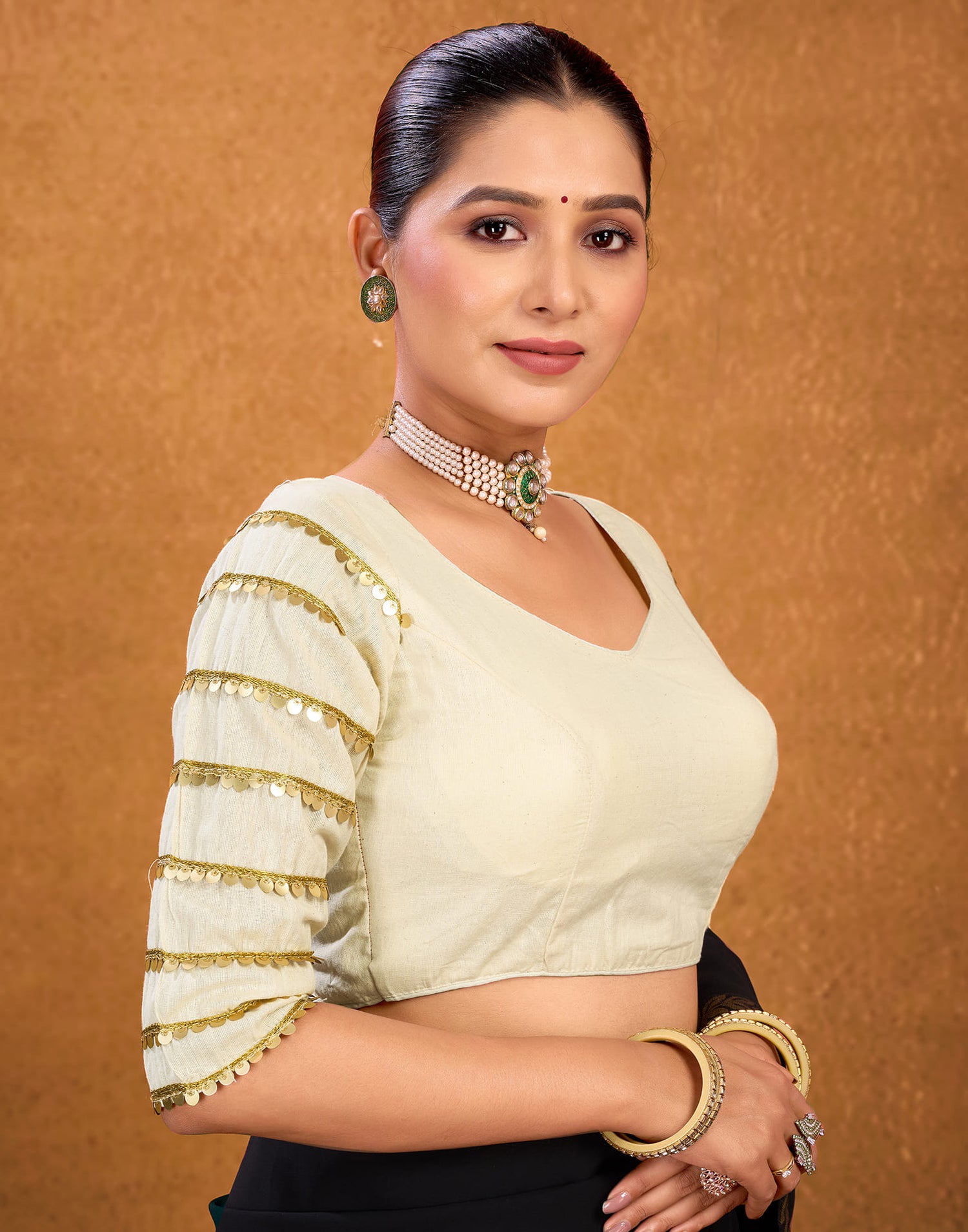 Cream Cotton Plain Sequence Blouse