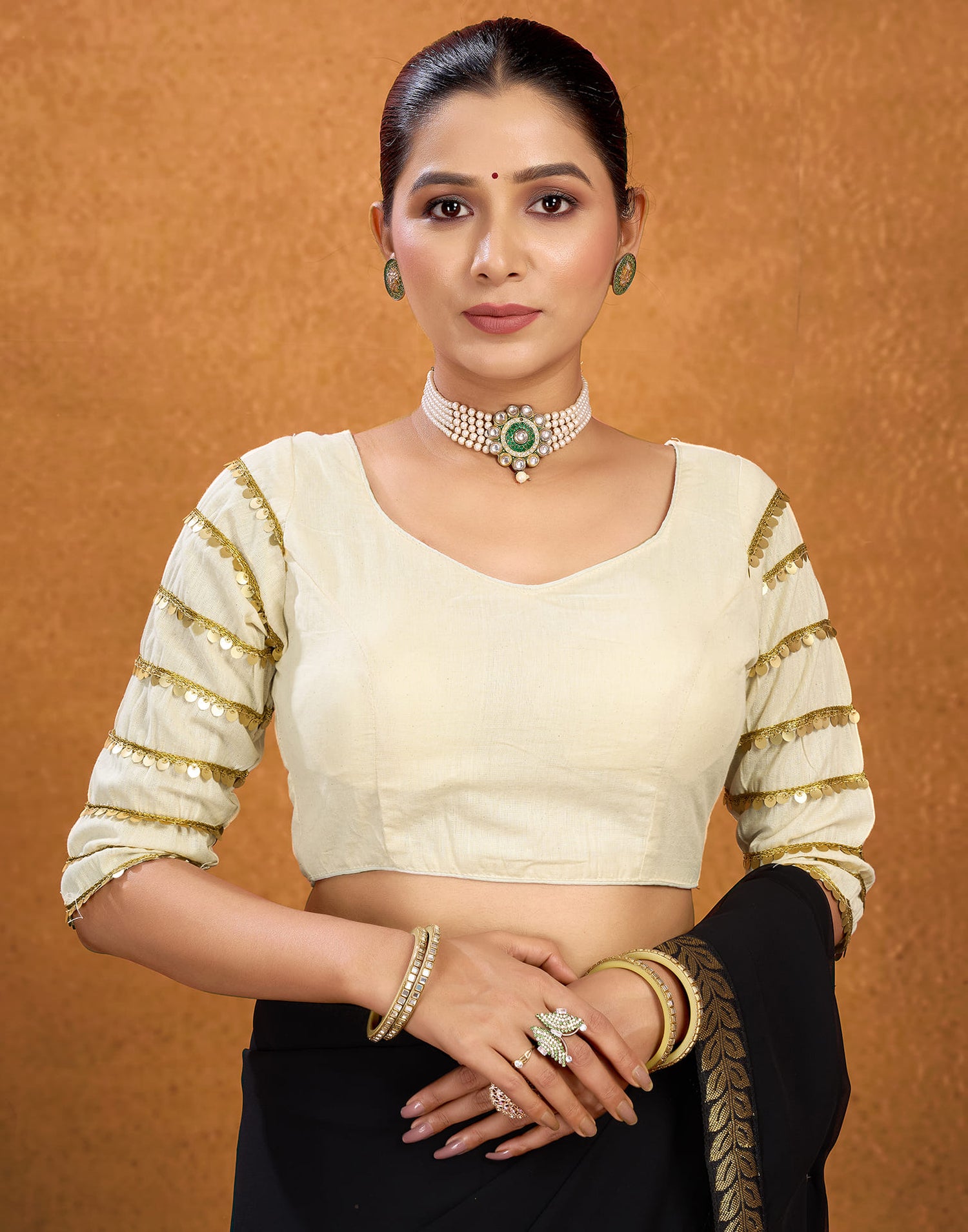 Cream Cotton Plain Sequence Blouse