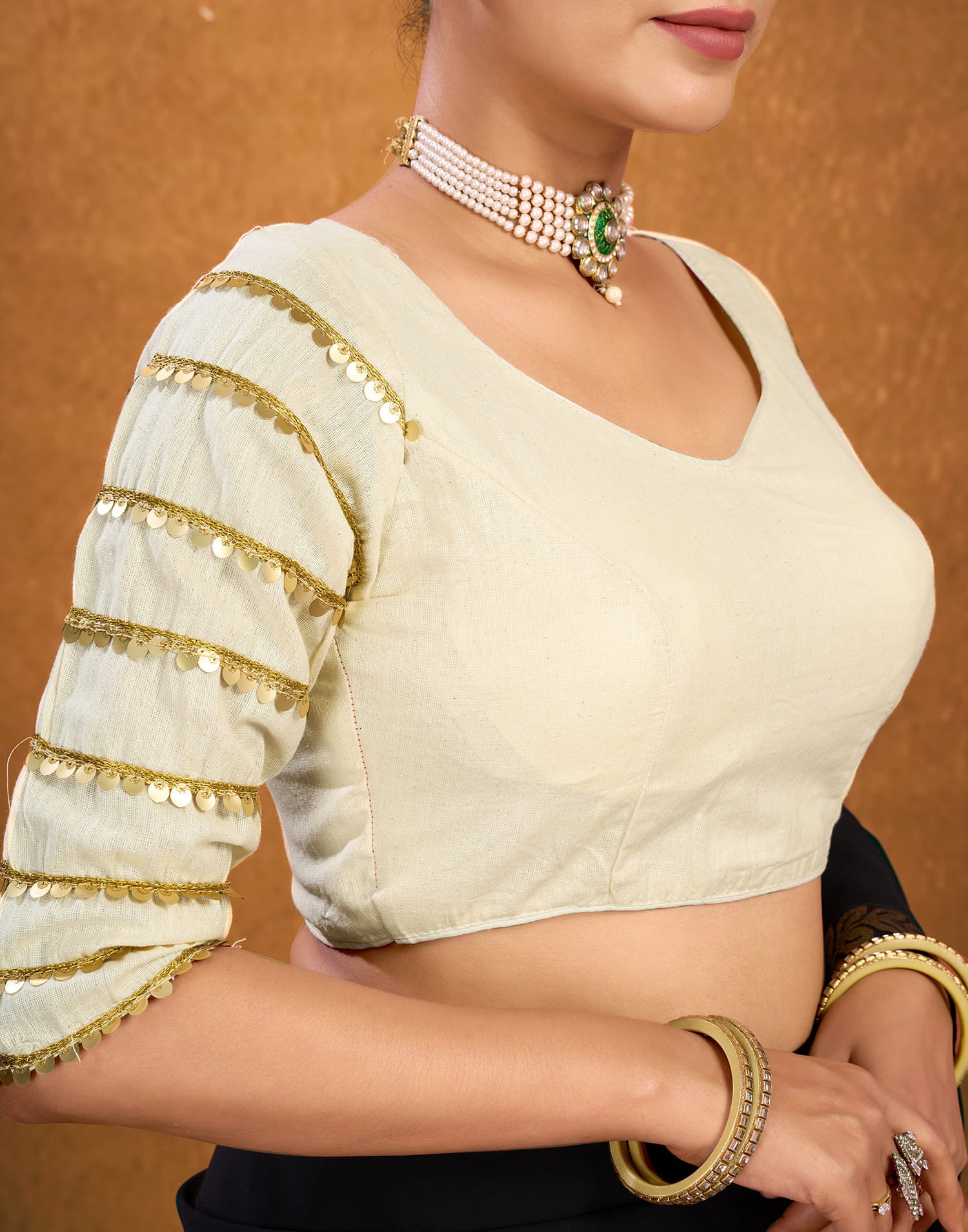 Cream Cotton Plain Sequence Blouse