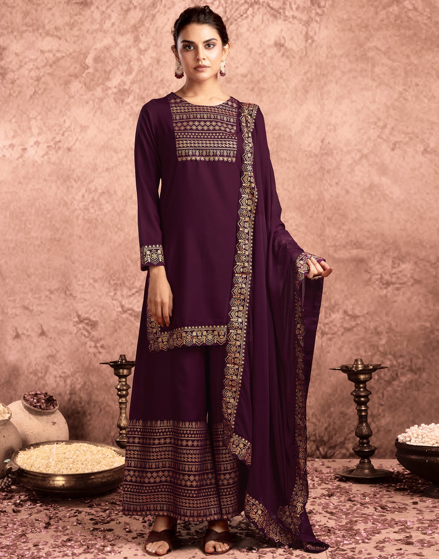 Wine Cotton Printed Straight Kurta Set With Dupatta