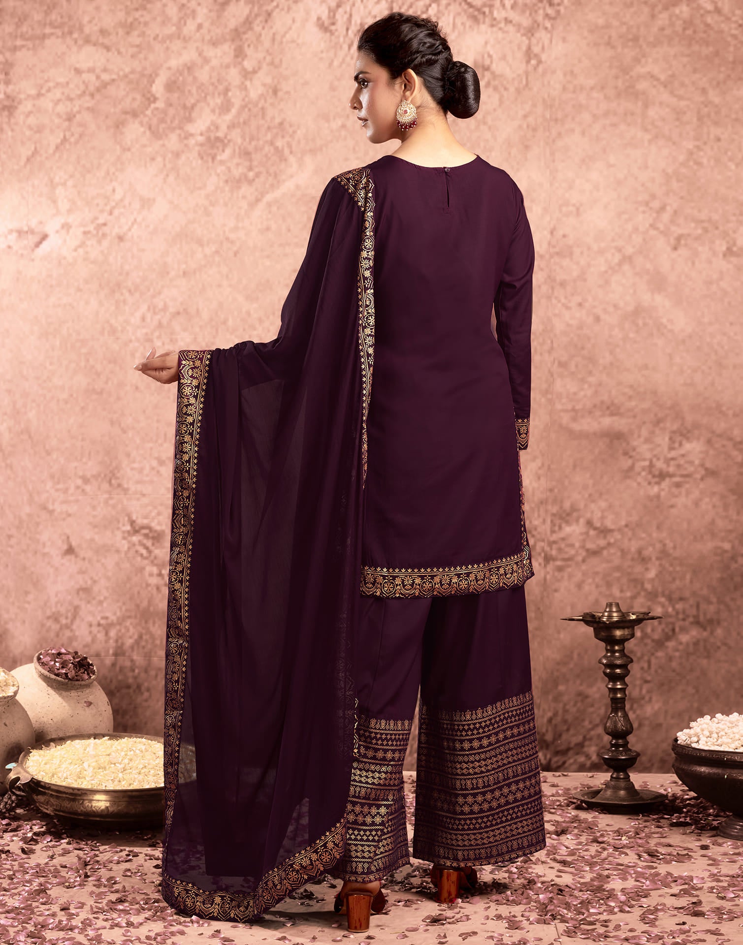 Wine Cotton Printed Straight Kurta Set With Dupatta