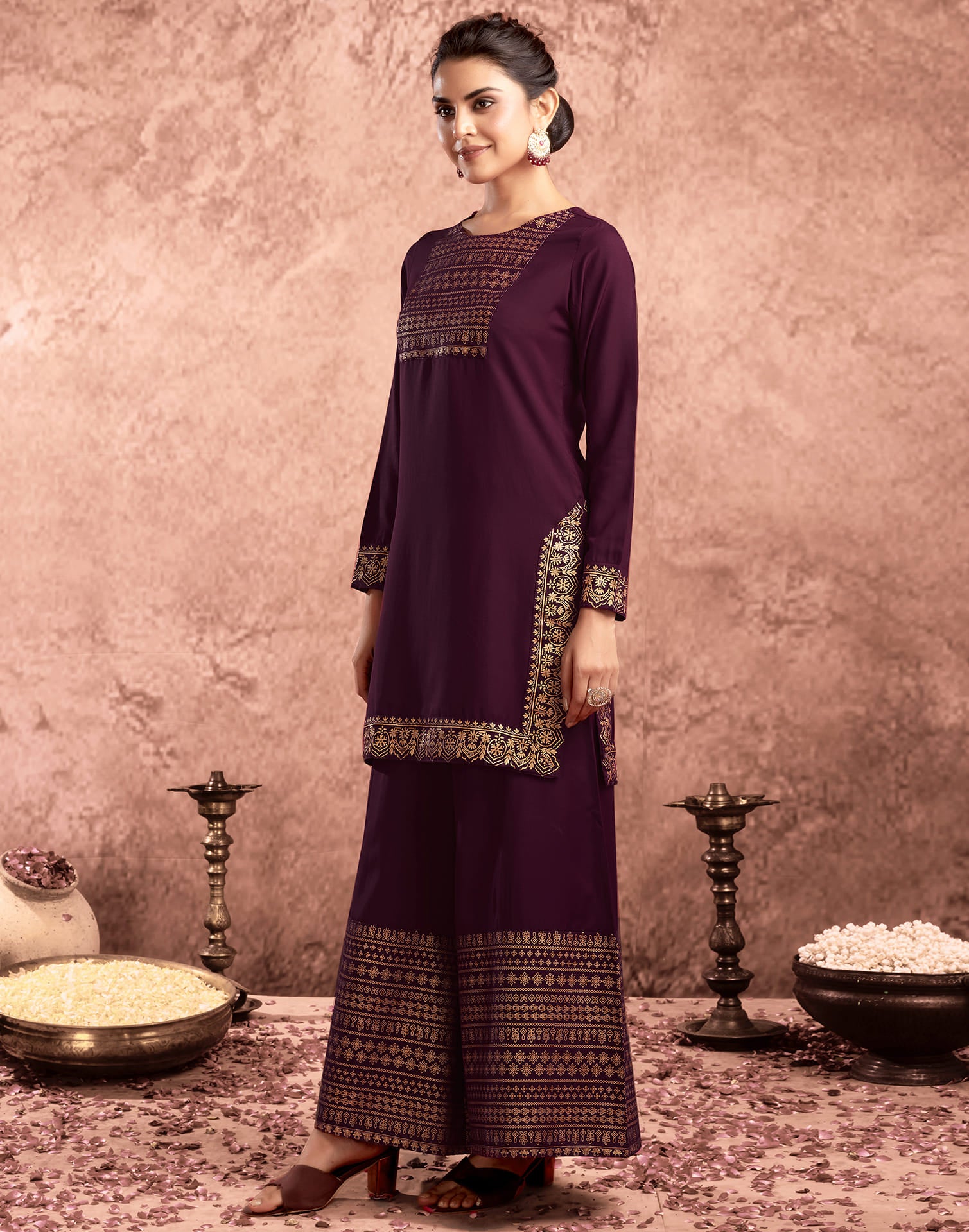 Wine Cotton Printed Straight Kurta Set With Dupatta