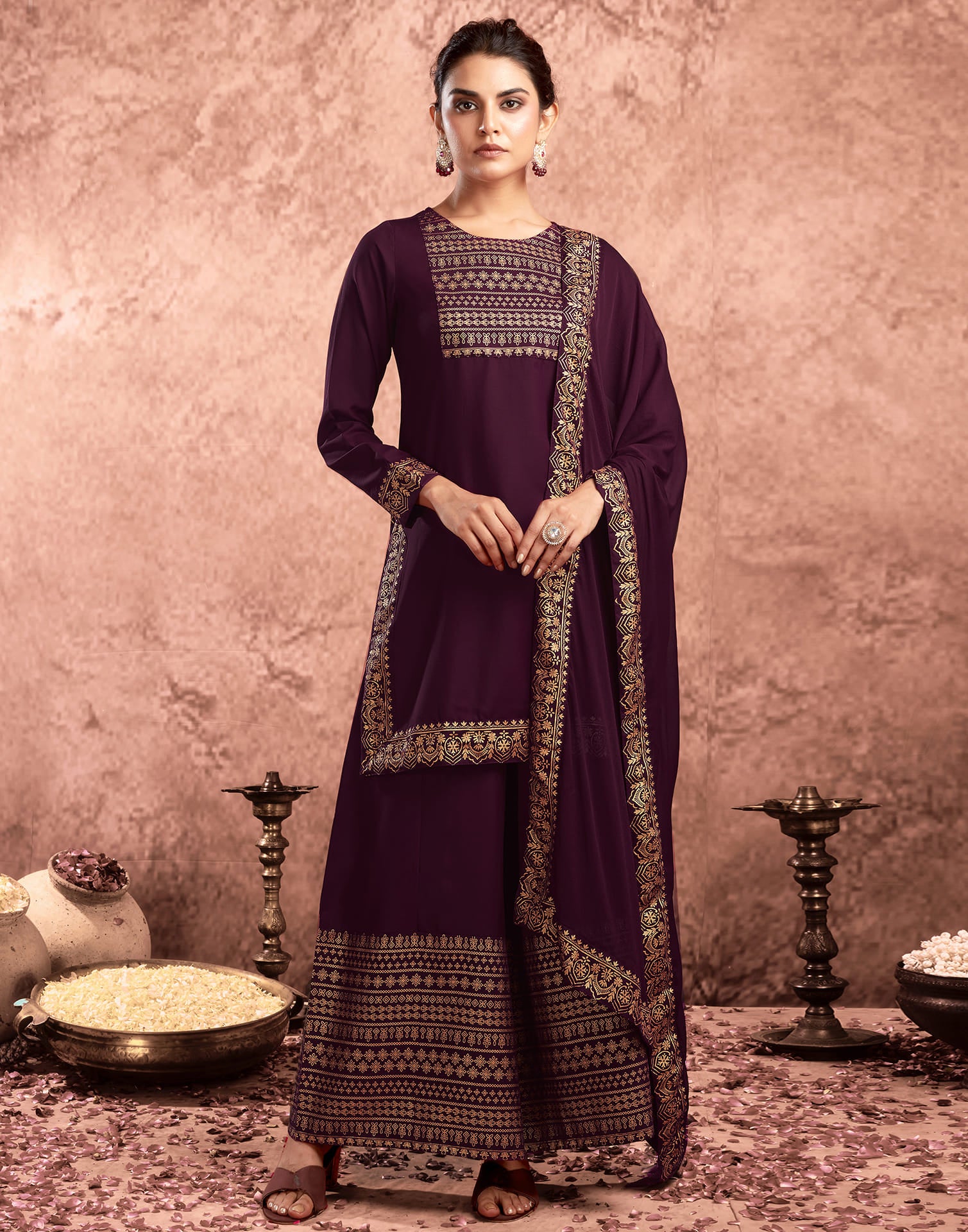 Wine Cotton Printed Straight Kurta Set With Dupatta