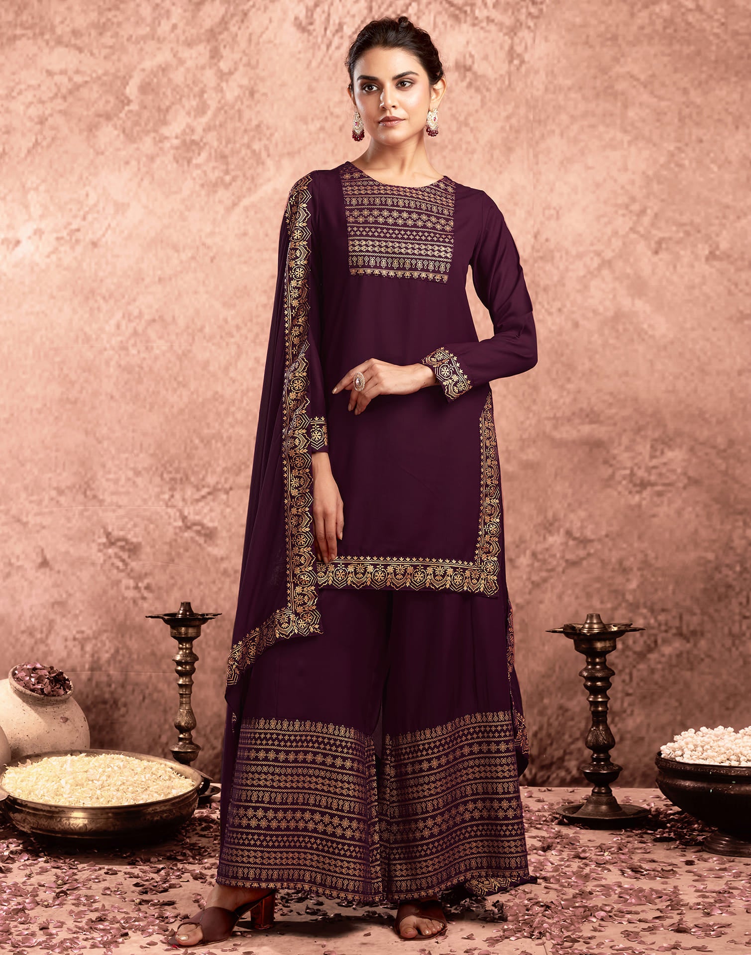 Wine Cotton Printed Straight Kurta Set With Dupatta