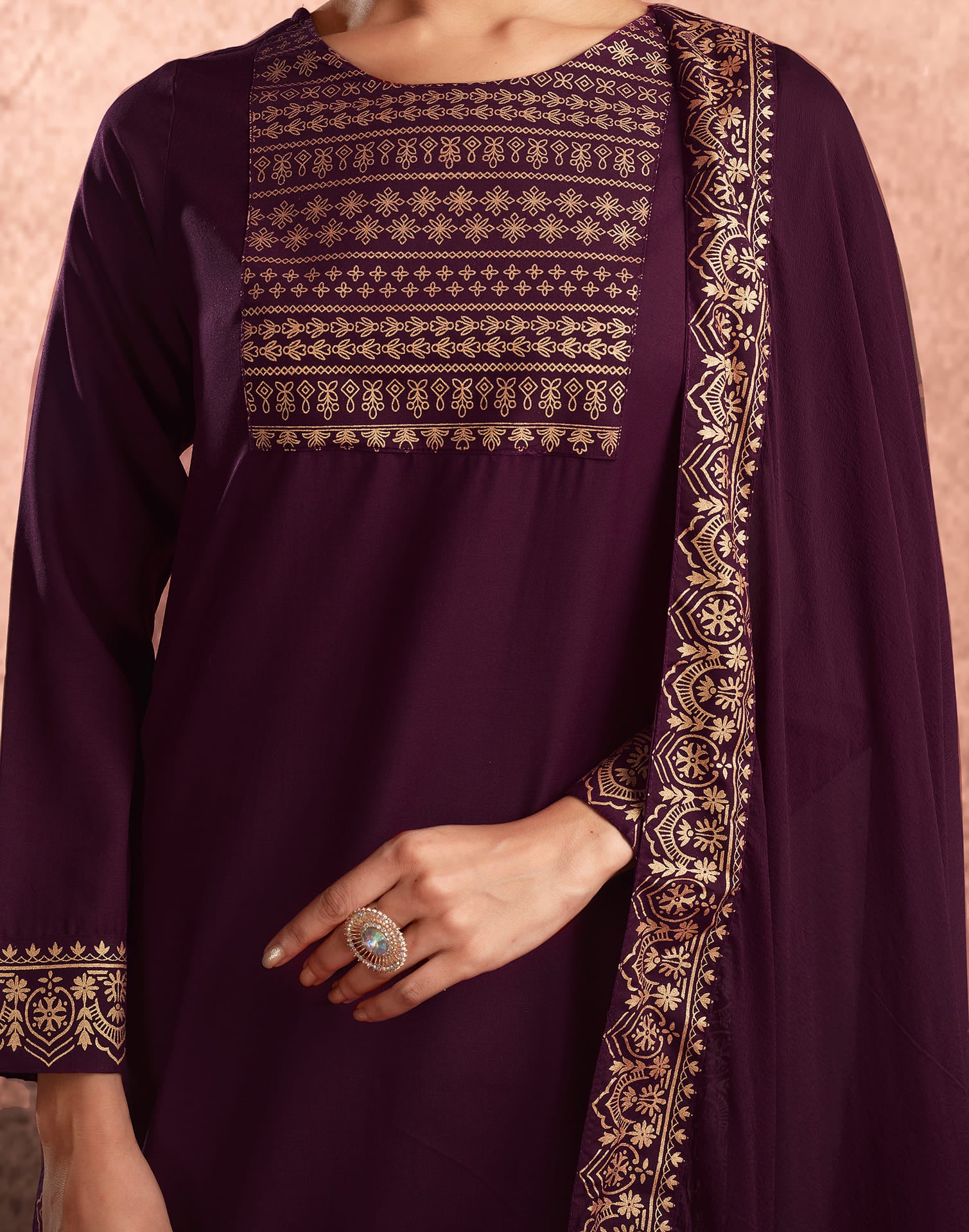 Wine Cotton Printed Straight Kurta Set With Dupatta
