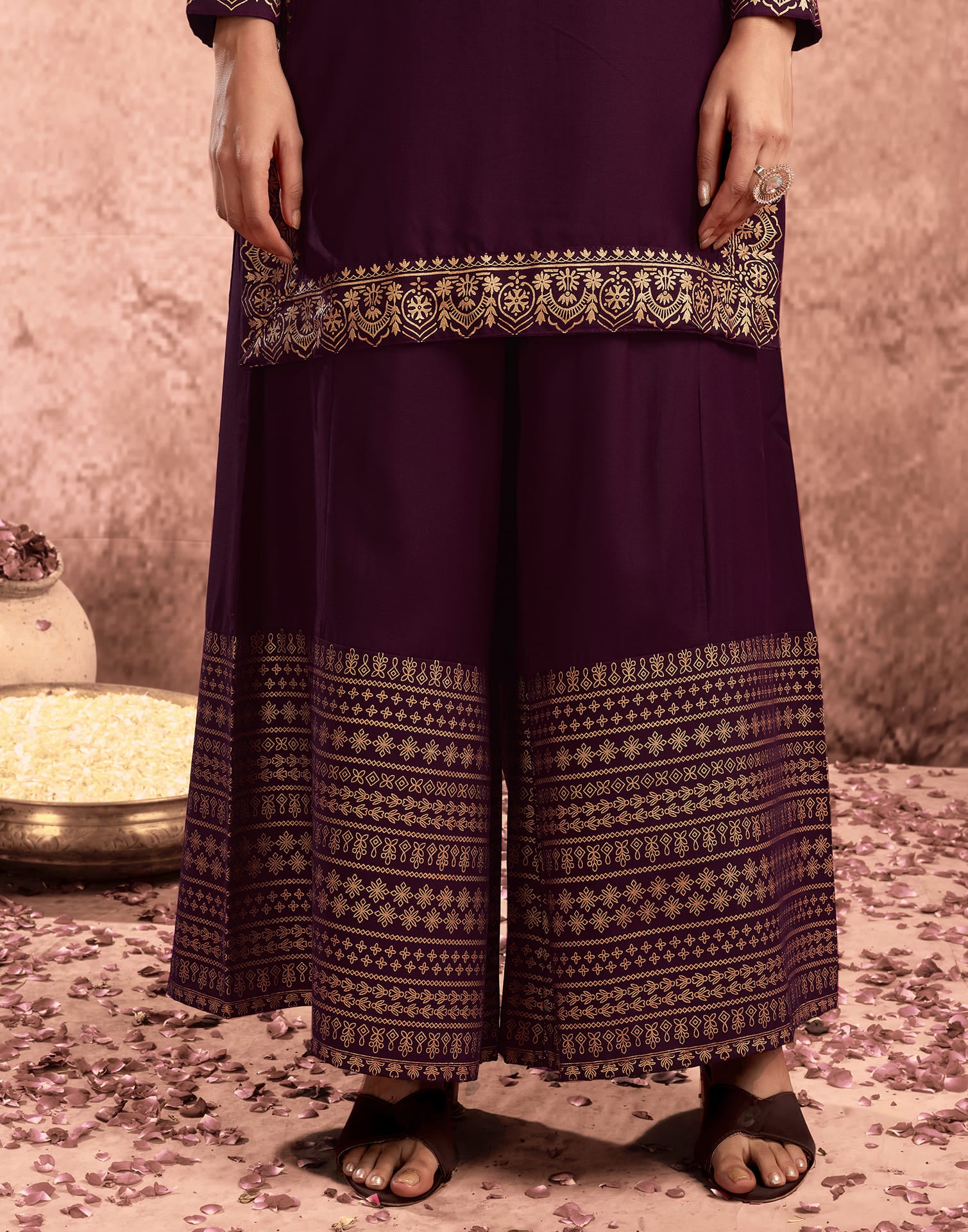 Wine Cotton Printed Straight Kurta Set With Dupatta