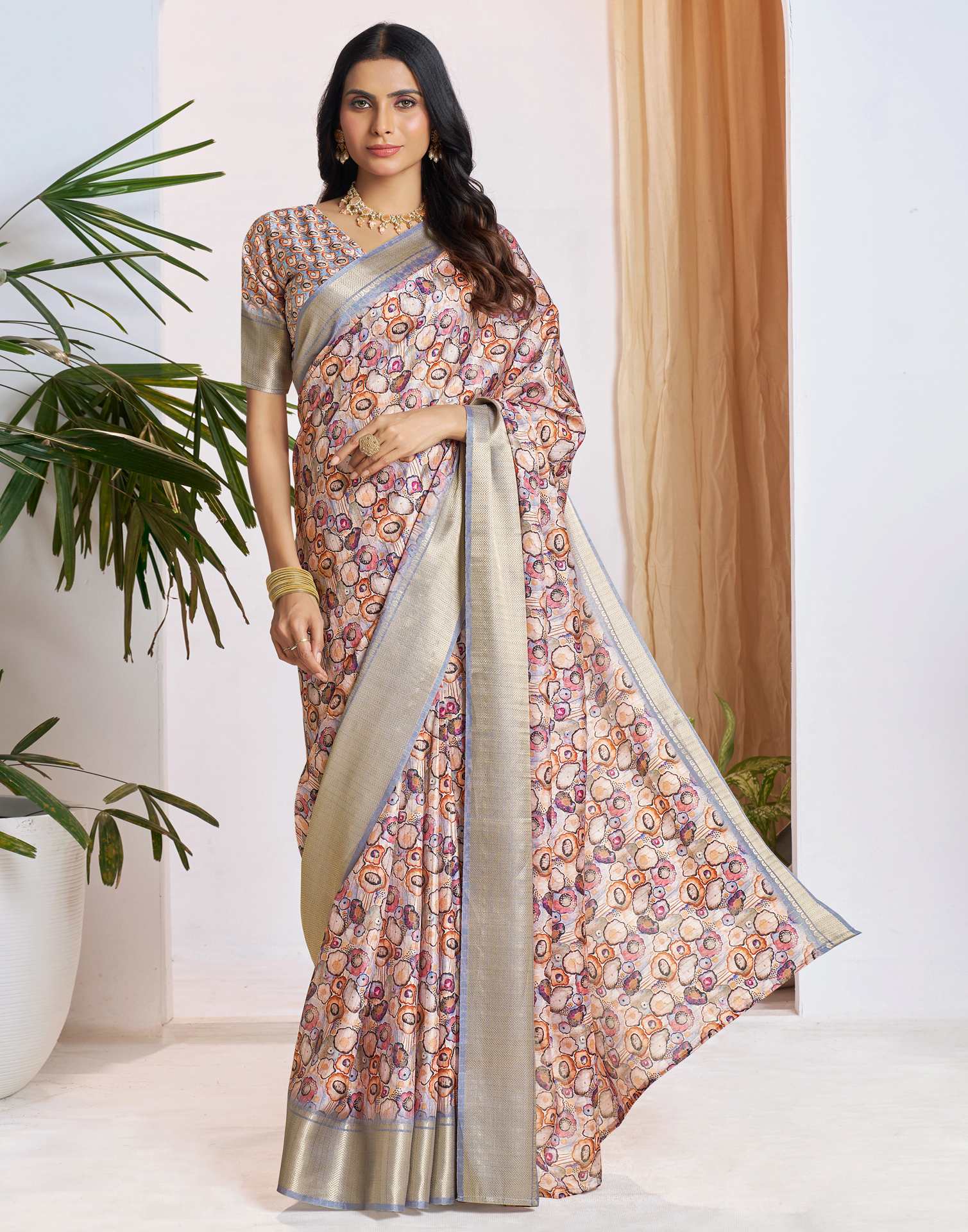 Ready To Wear Grey Dola Silk Printed Saree