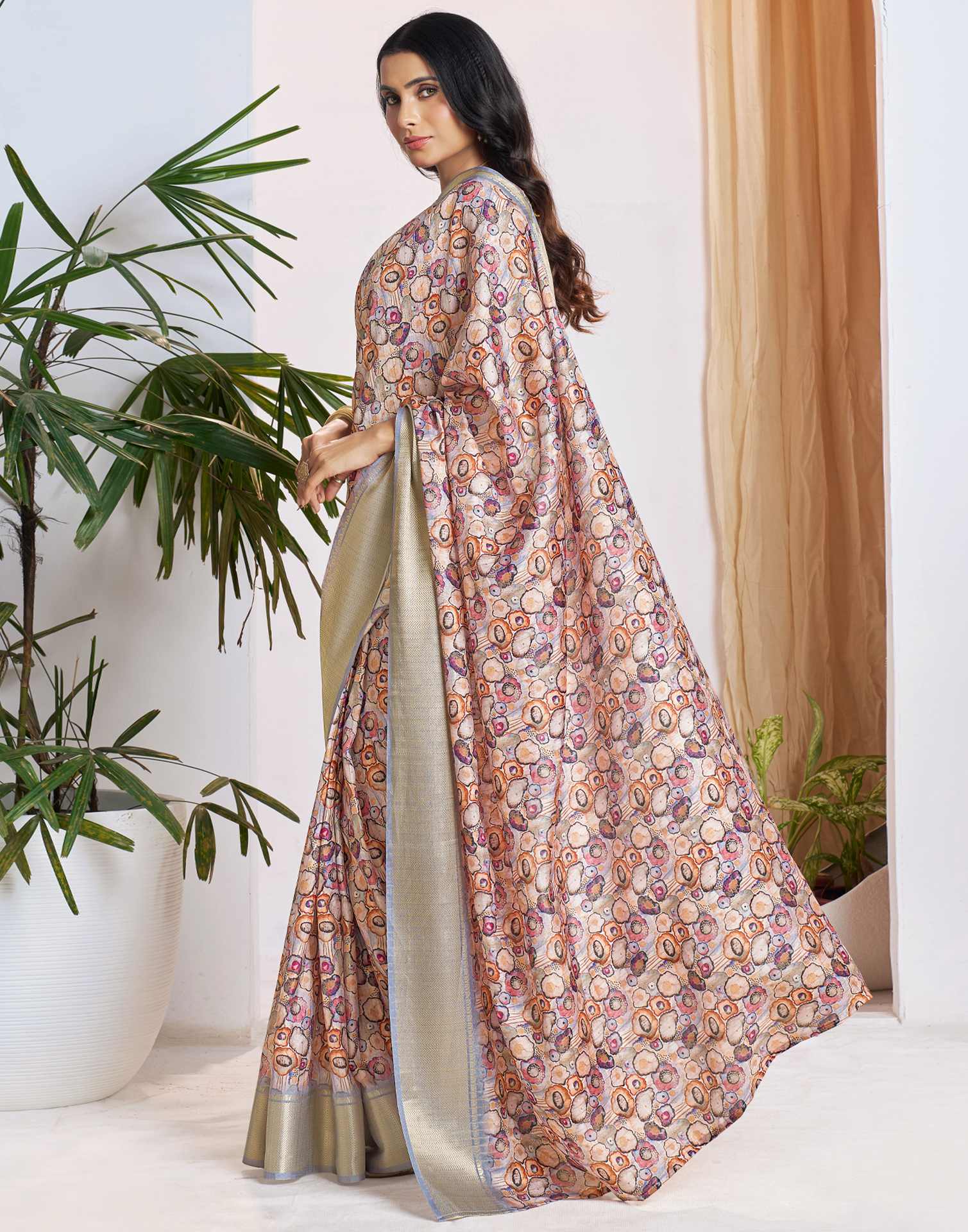 Ready To Wear Grey Dola Silk Printed Saree