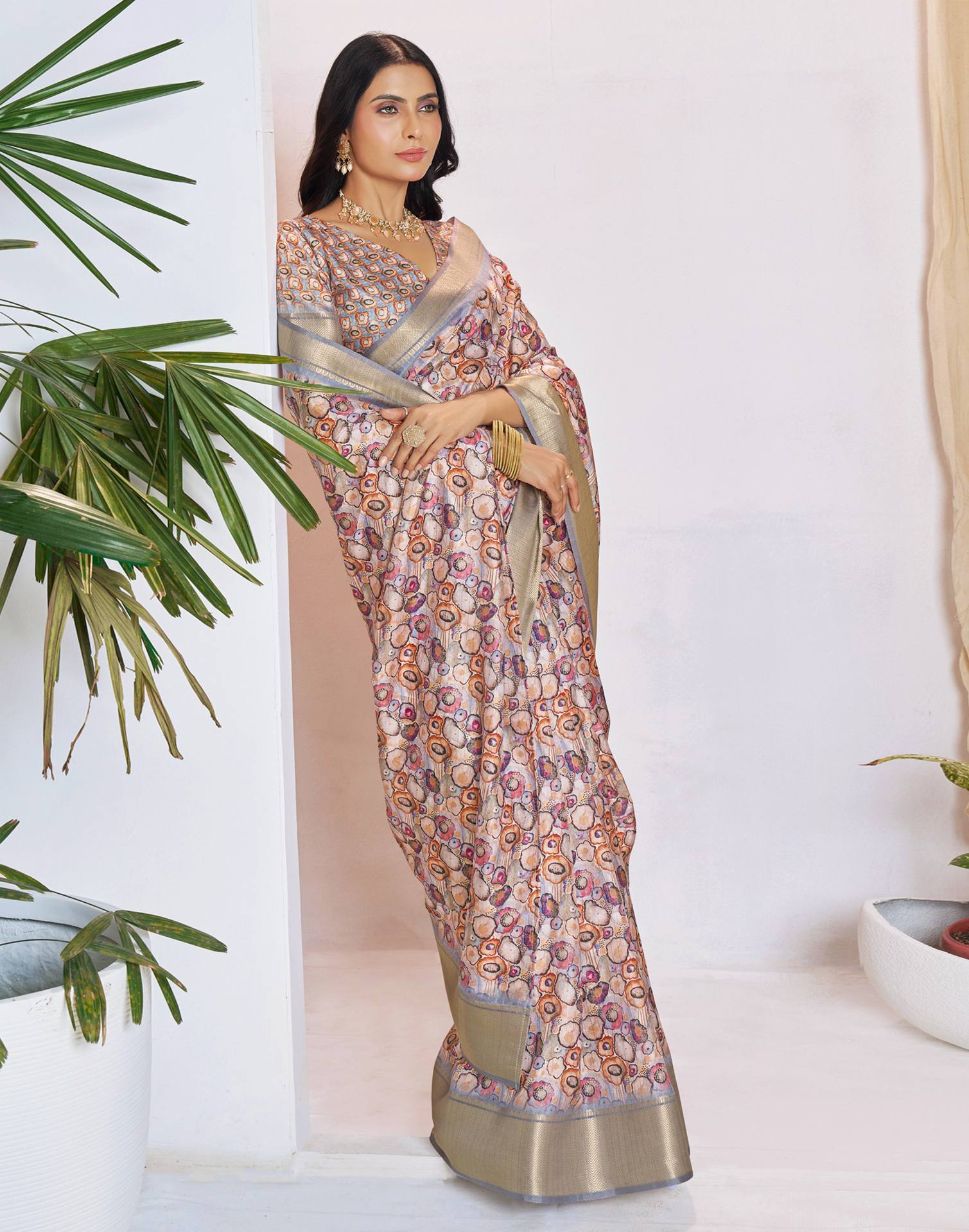 Ready To Wear Grey Dola Silk Printed Saree