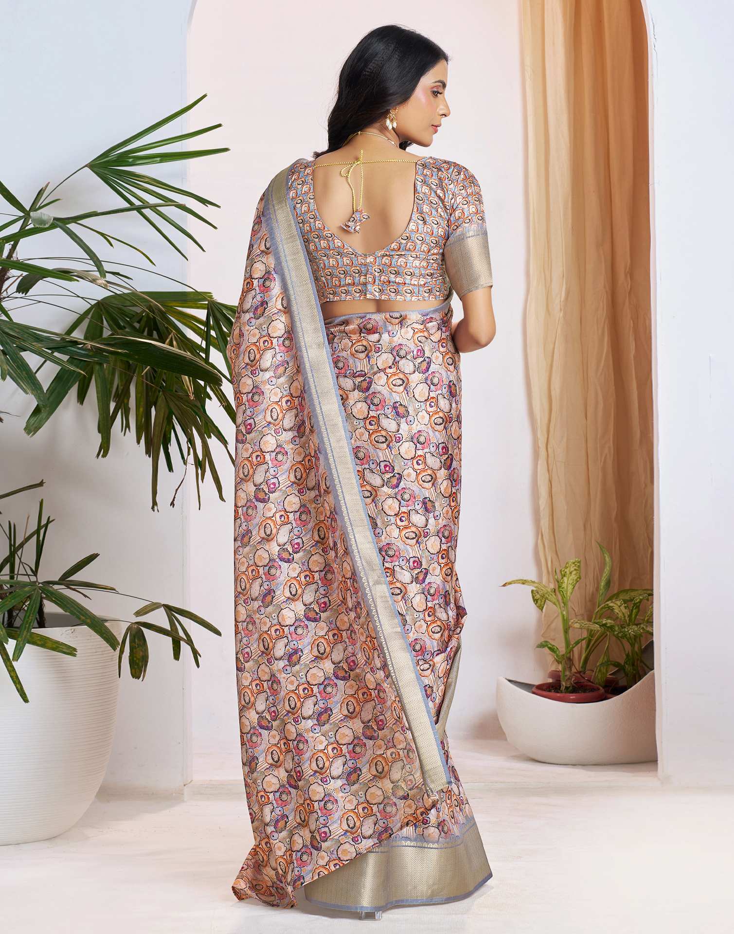 Ready To Wear Grey Dola Silk Printed Saree