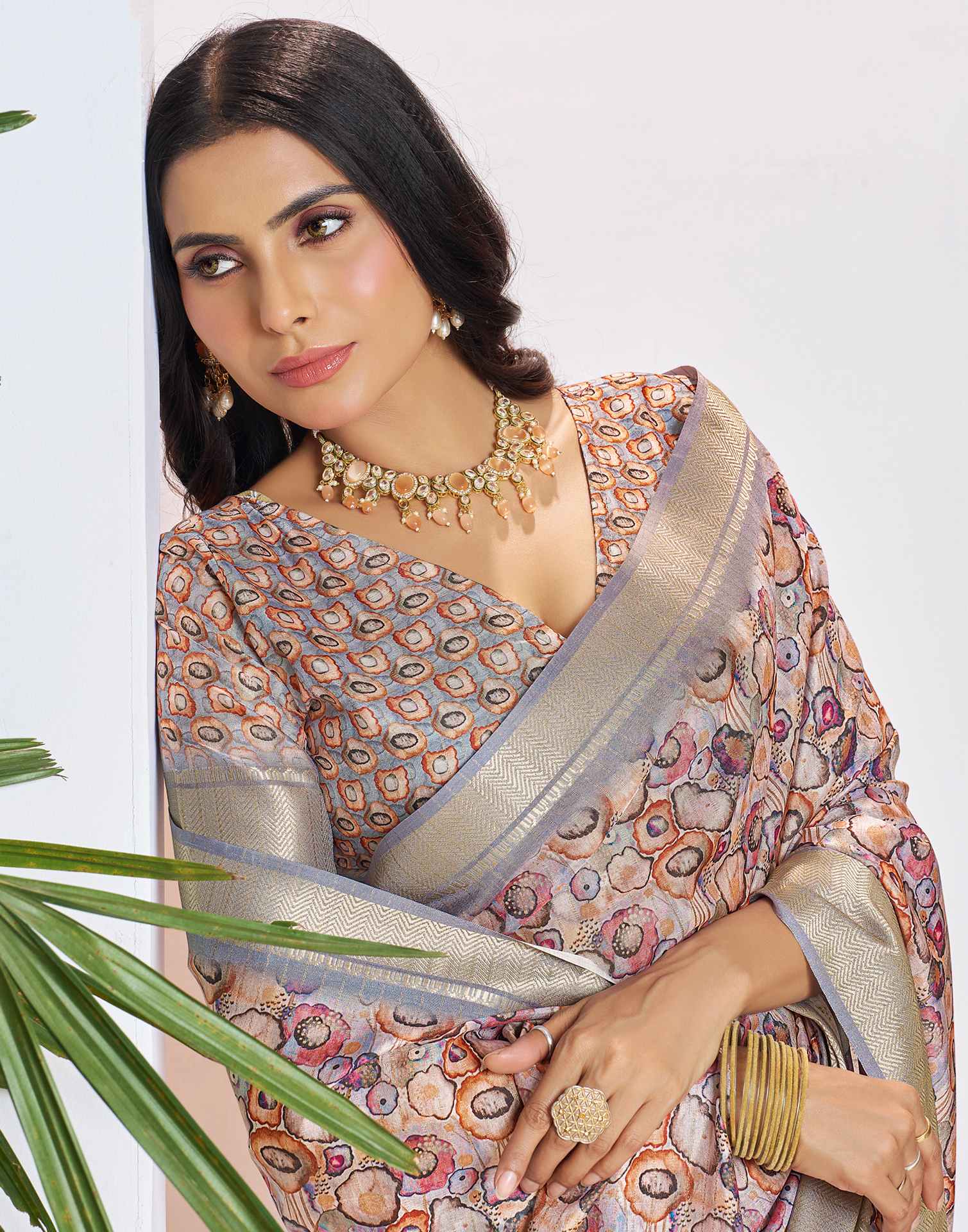 Ready To Wear Grey Dola Silk Printed Saree