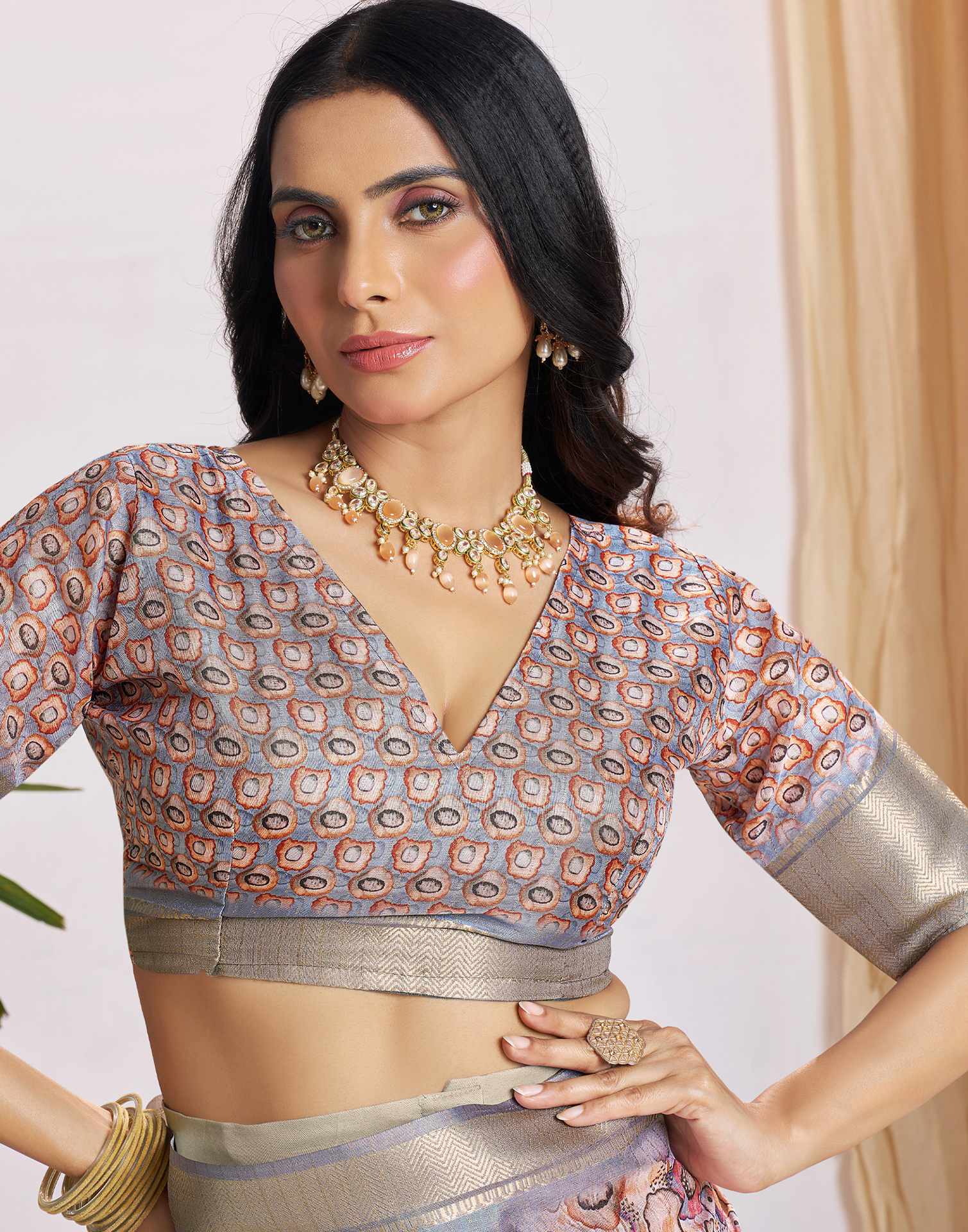 Ready To Wear Grey Dola Silk Printed Saree