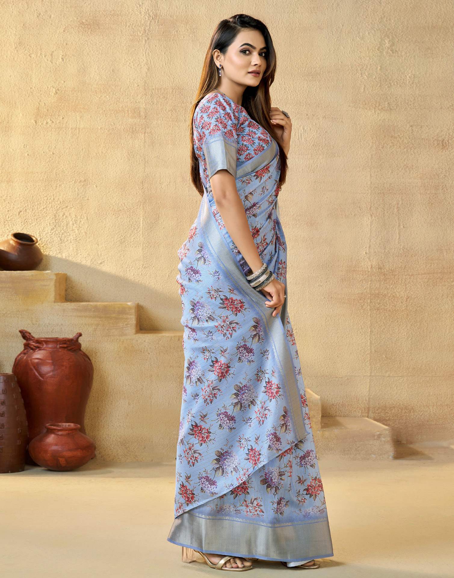 Ready To Wear Sky Blue Dola Silk Floral Printed Saree