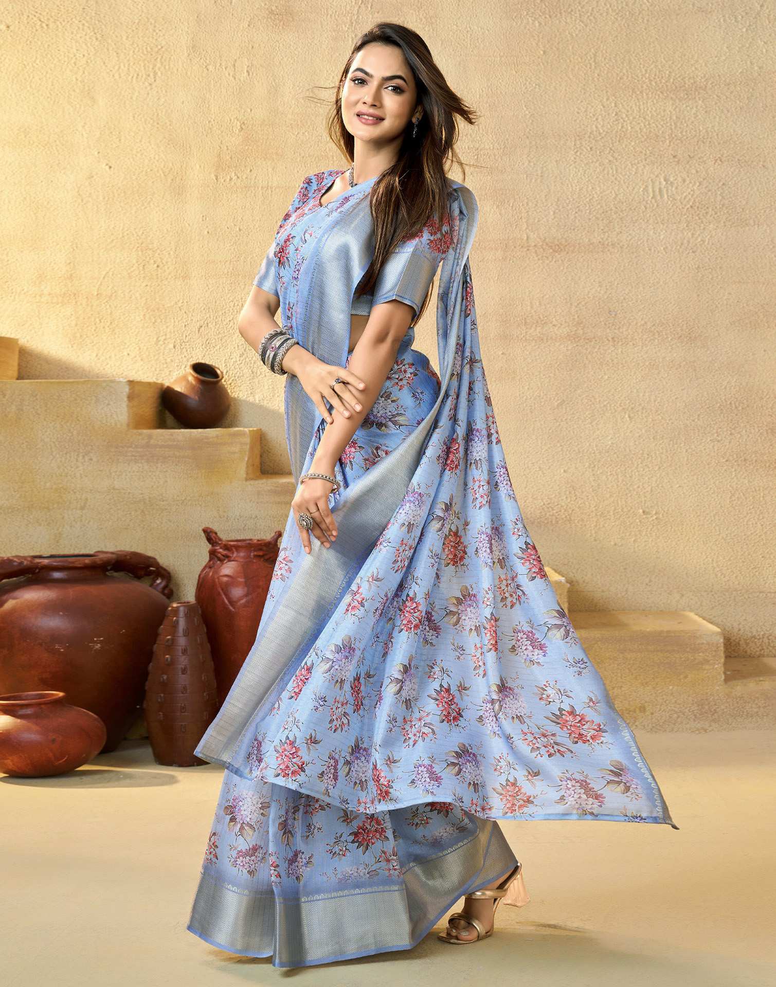 Ready To Wear Sky Blue Dola Silk Floral Printed Saree