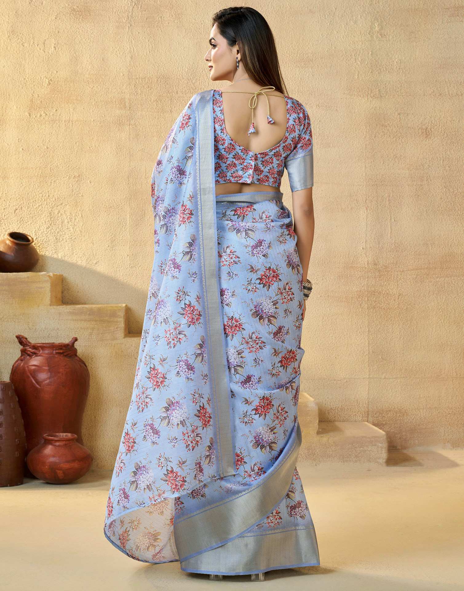 Ready To Wear Sky Blue Dola Silk Floral Printed Saree
