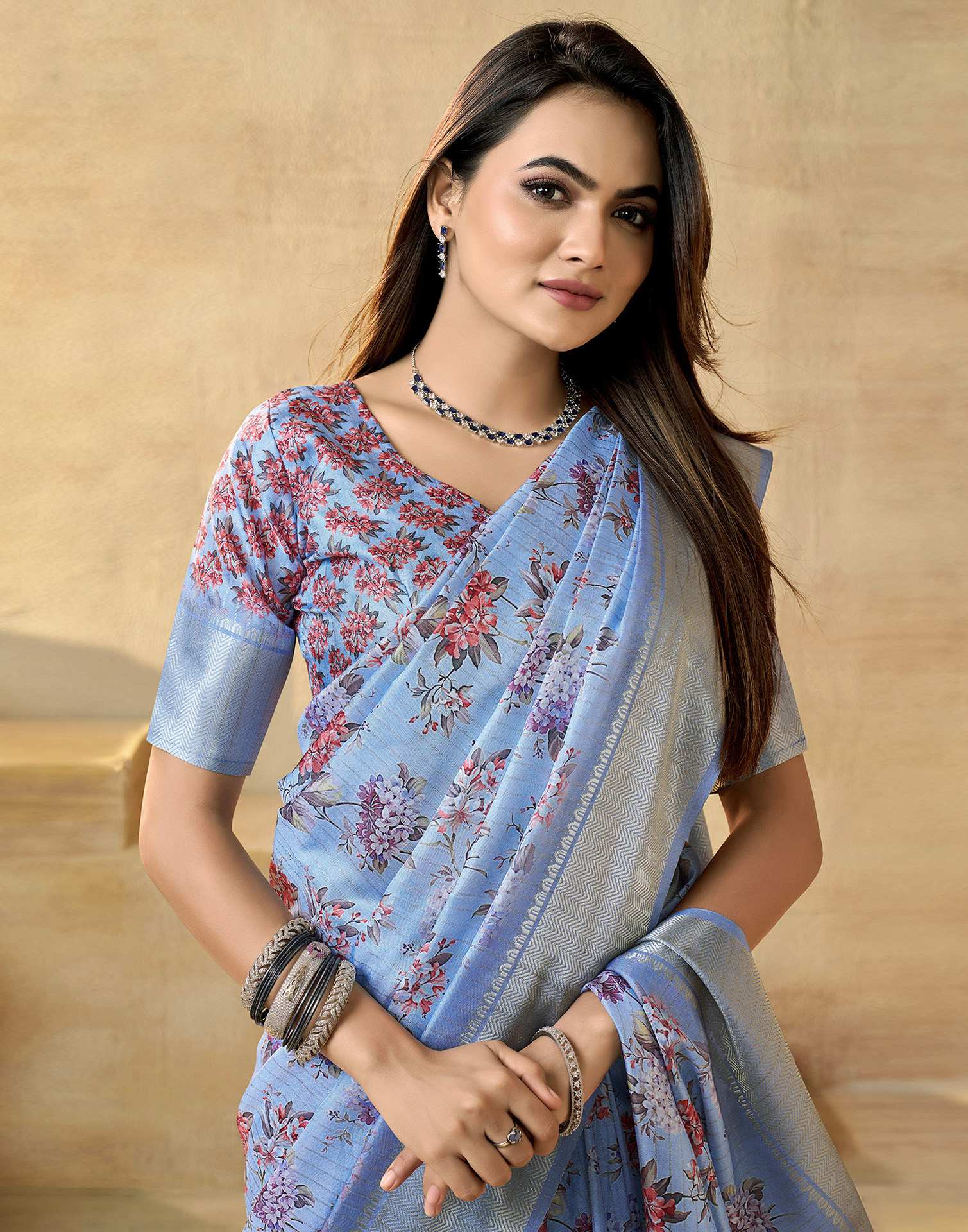 Ready To Wear Sky Blue Dola Silk Floral Printed Saree