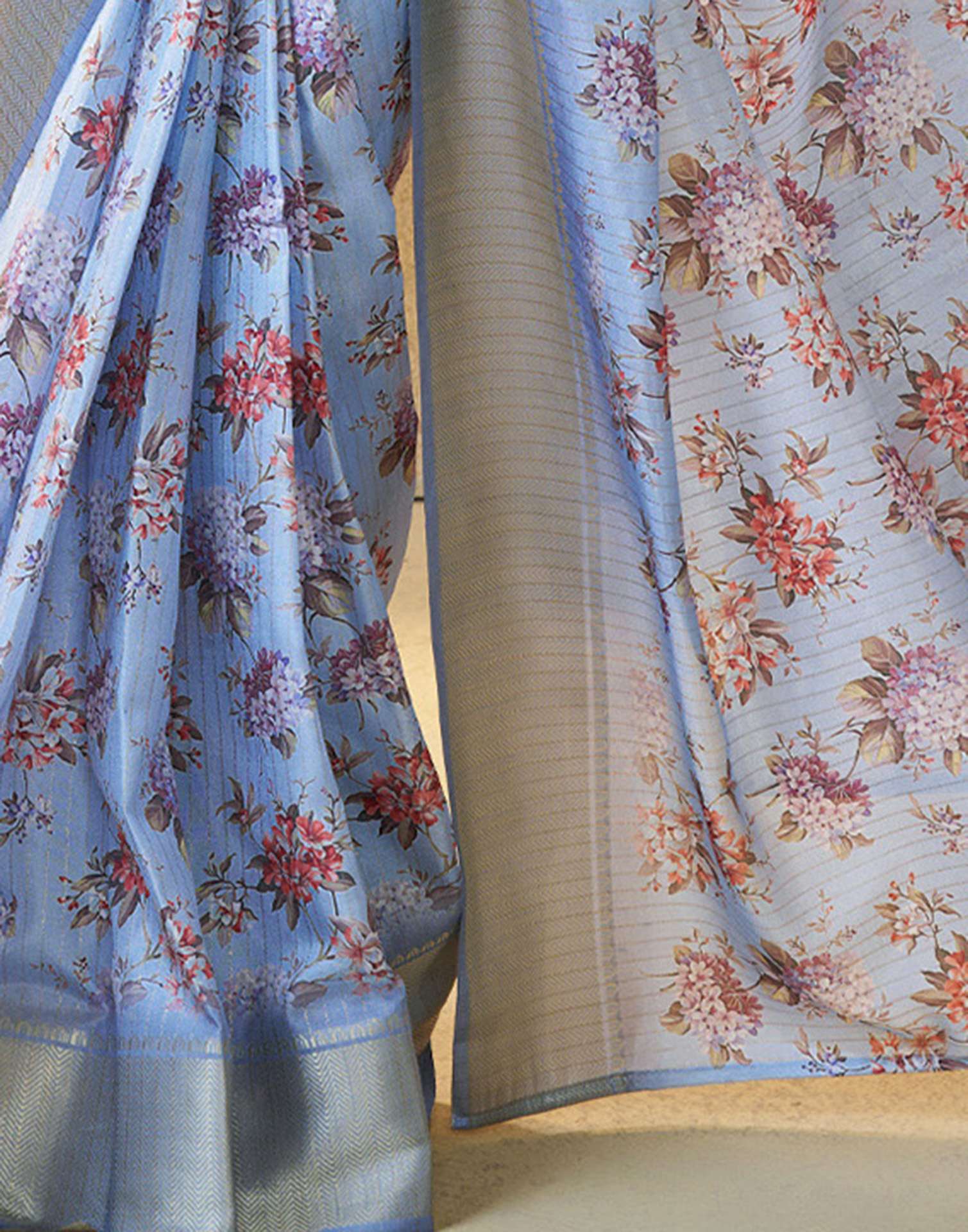 Ready To Wear Sky Blue Dola Silk Floral Printed Saree