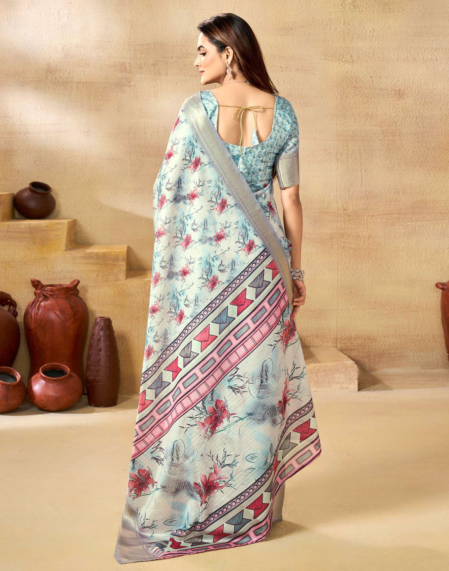Ready To Wear Off White Dola Silk Floral Printed Saree
