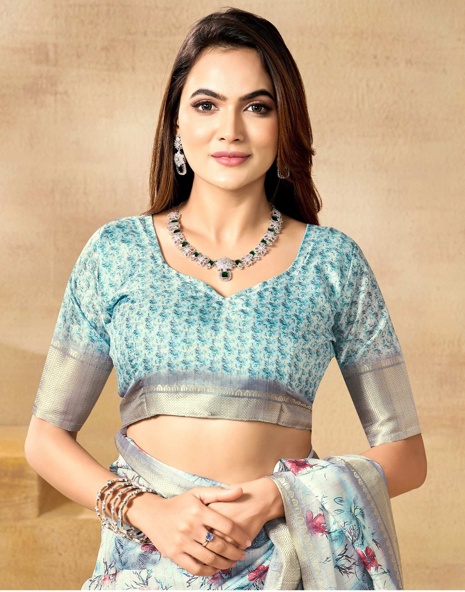Ready To Wear Off White Dola Silk Floral Printed Saree
