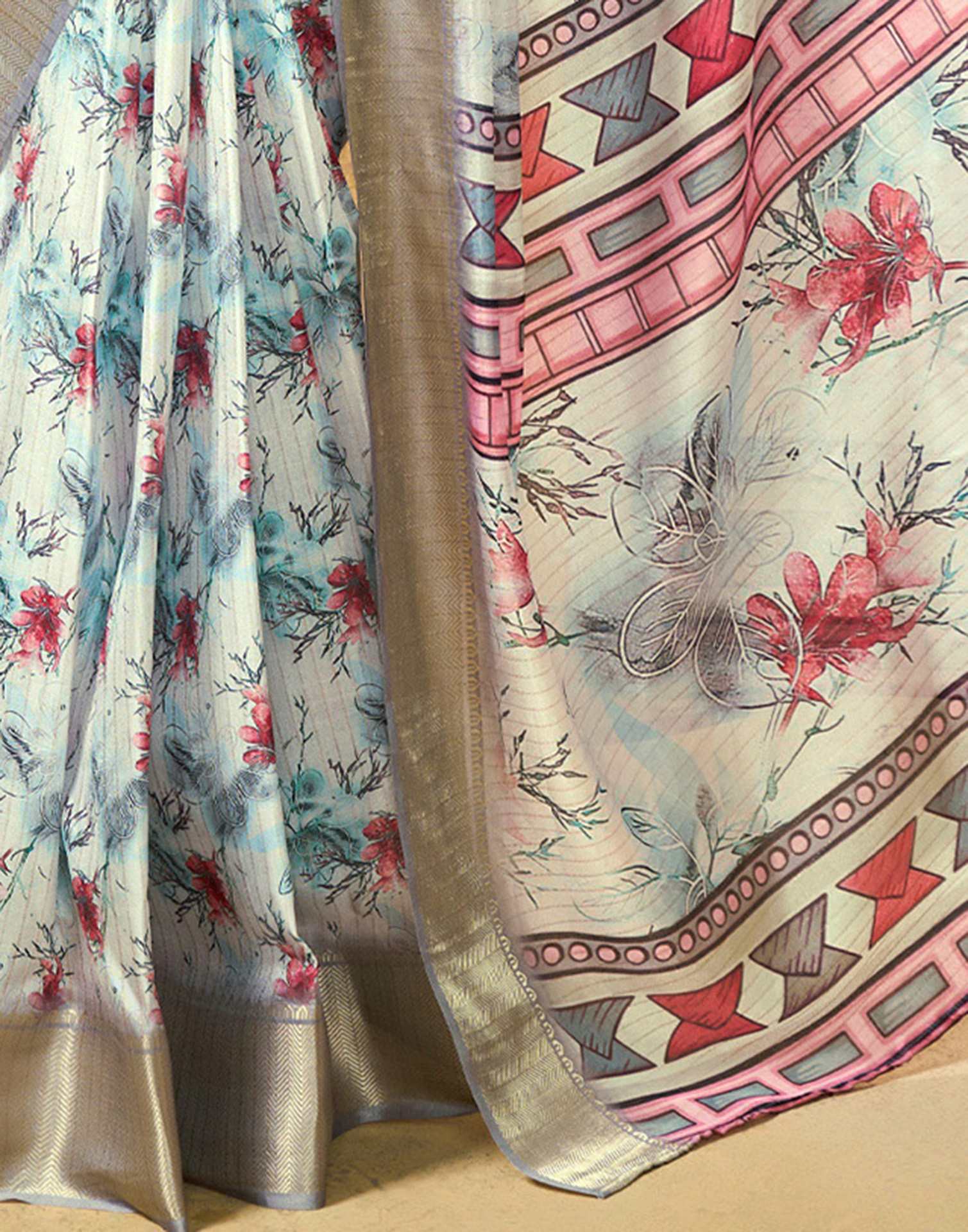 Ready To Wear Off White Dola Silk Floral Printed Saree