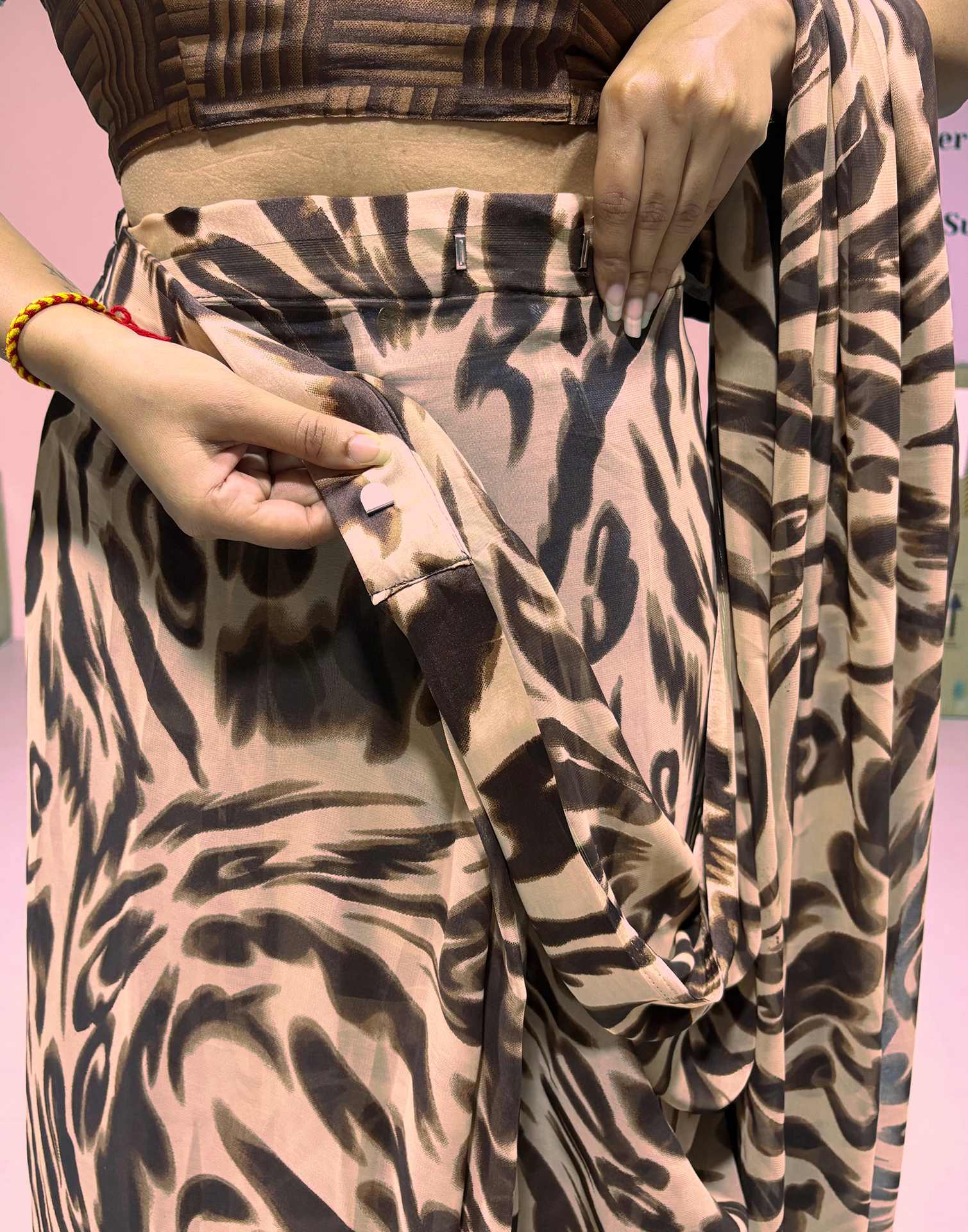 Ready To Wear Dark Brown Georgette Printed Saree