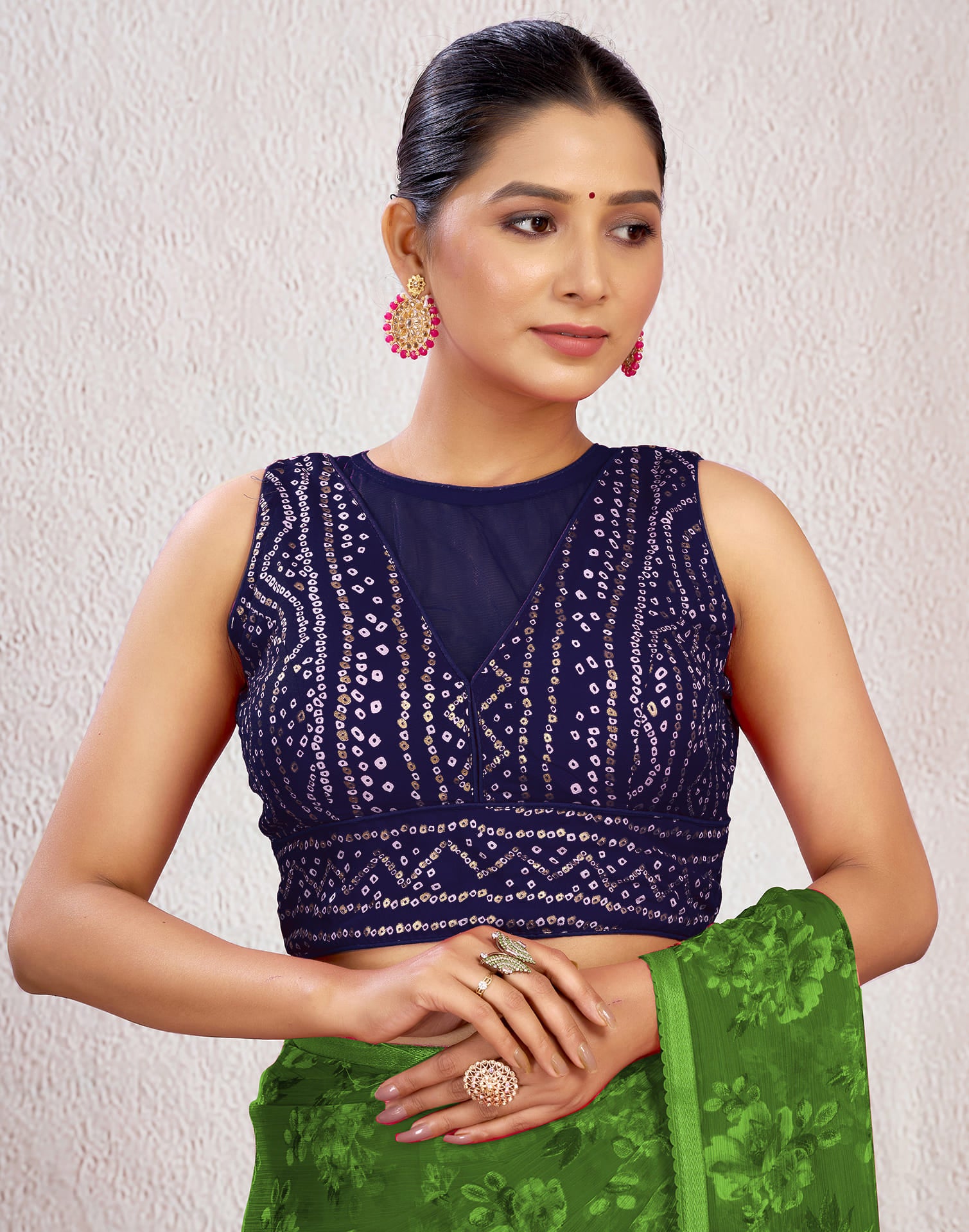 Navy Blue Cotton Bandhani Printed Blouse