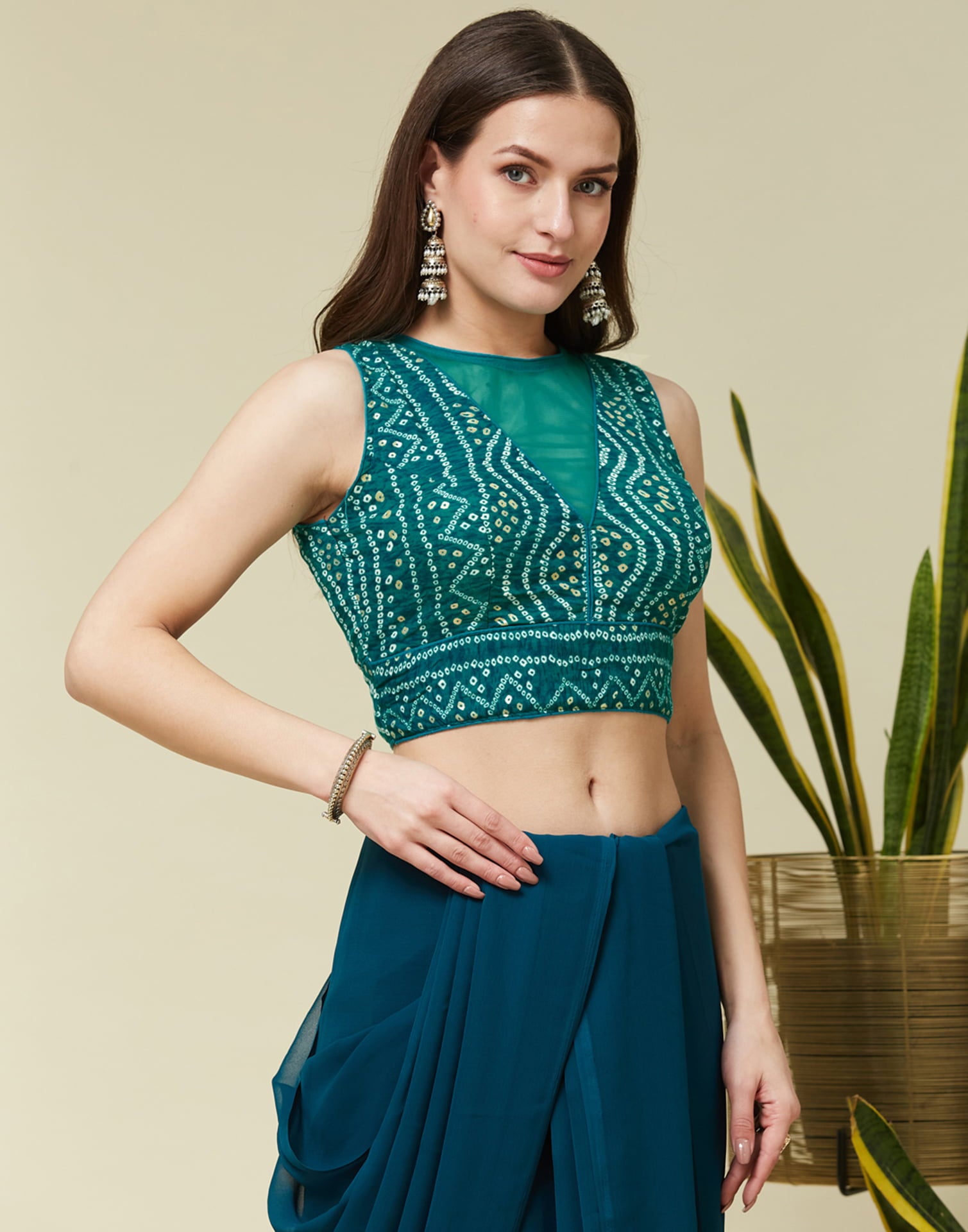 Teal Green Cotton Printed Bandhani Blouse