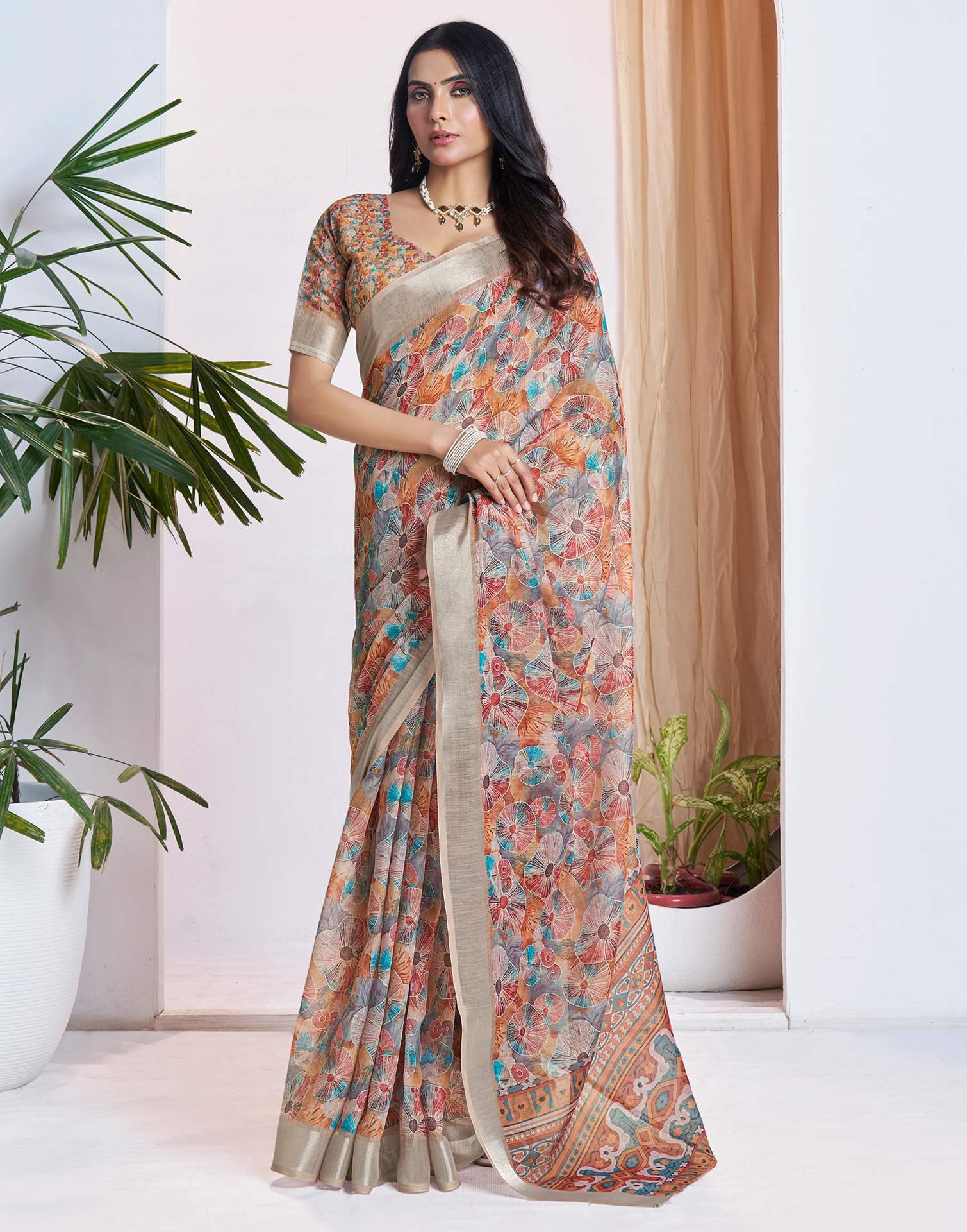 Ready To Wear Light Brown Linen Woven Border Printed Saree