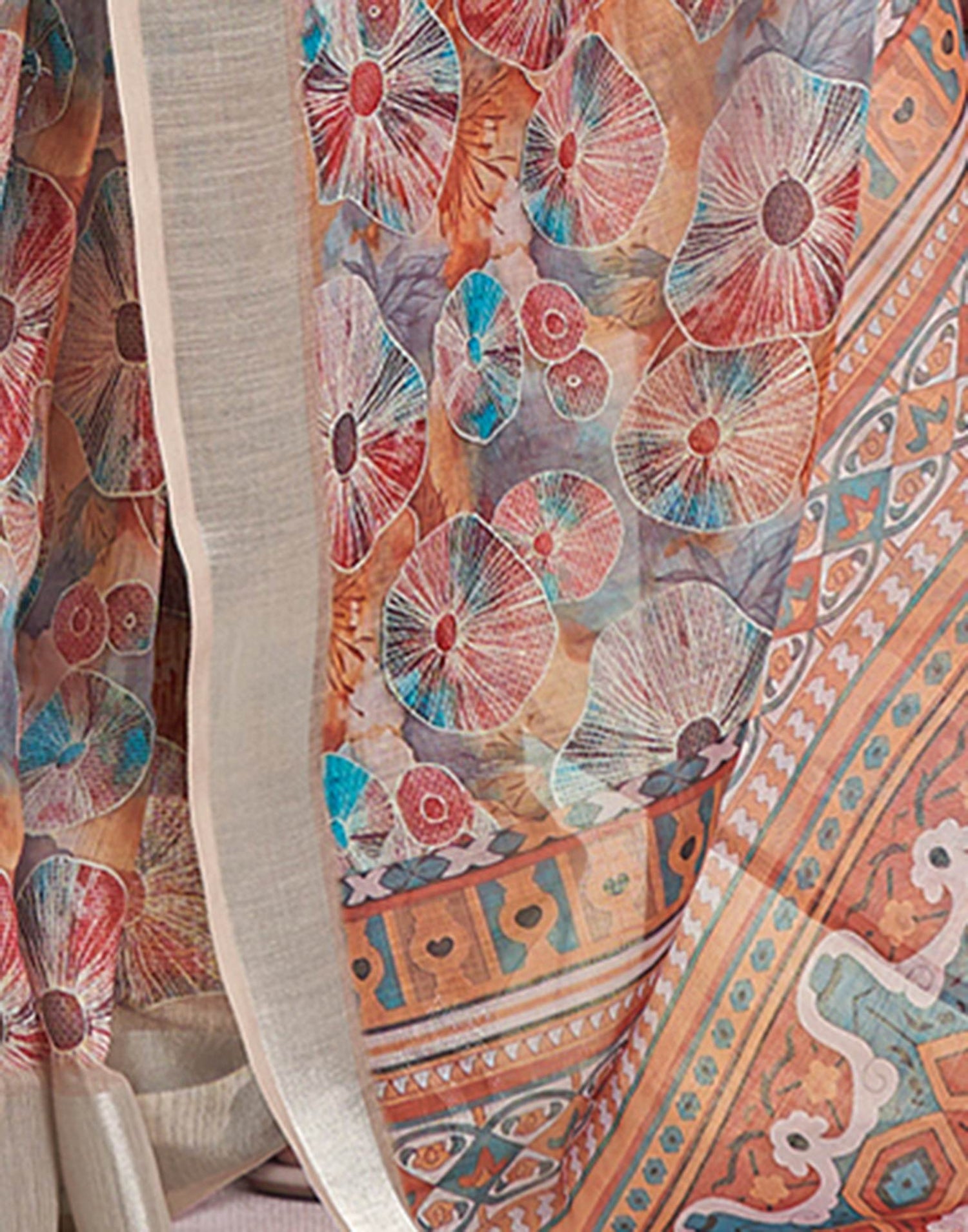 Ready To Wear Light Brown Linen Woven Border Printed Saree