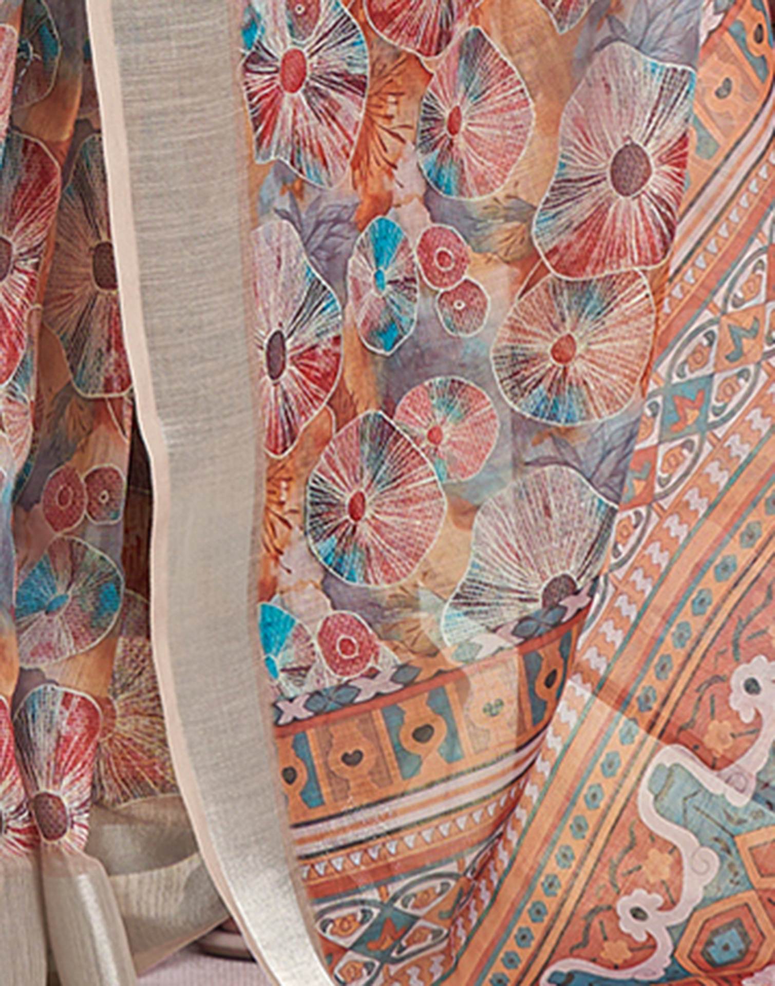 Ready To Wear Light Brown Linen Woven Border Printed Saree