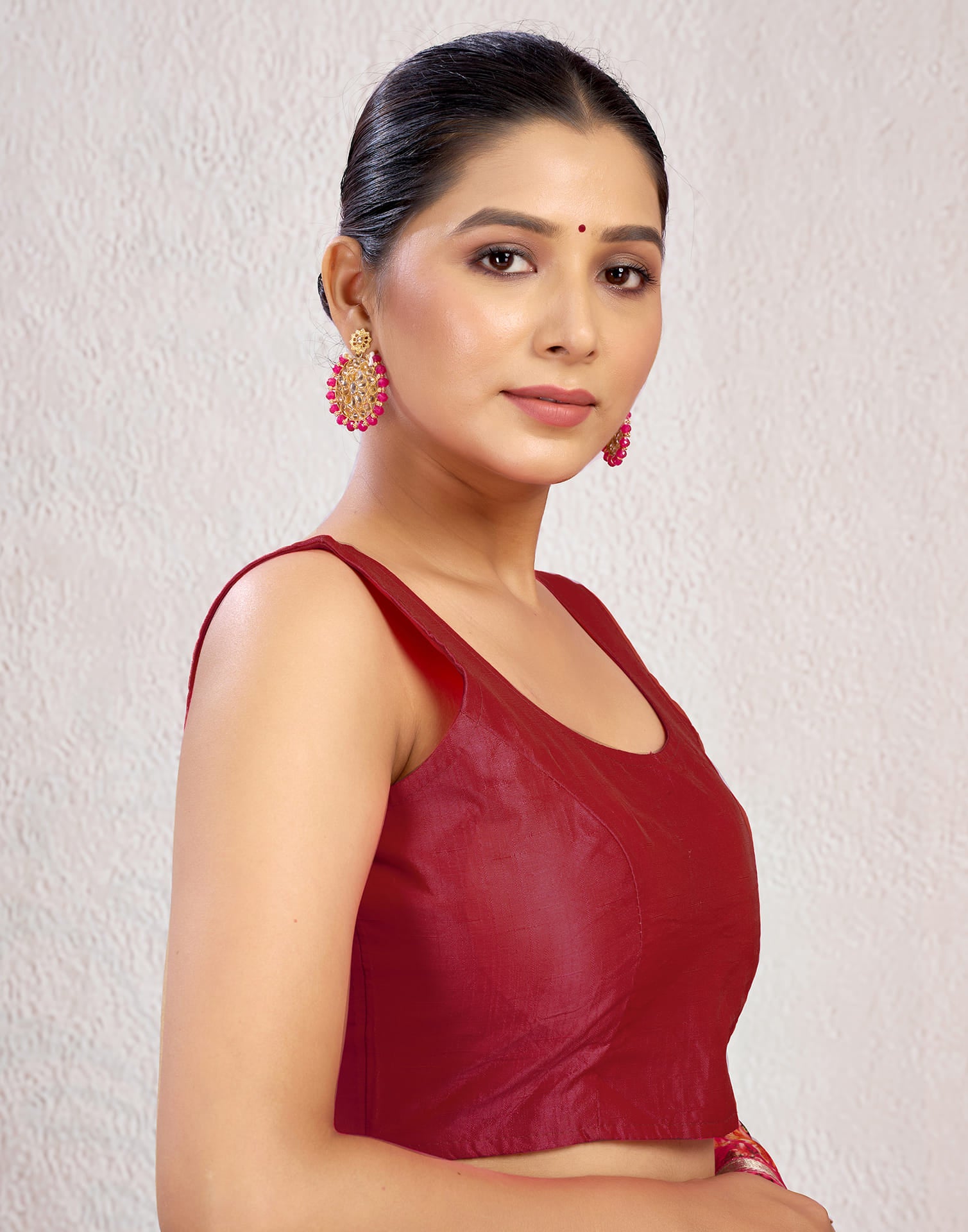 Dark Red Silk Plain Plain Blouse