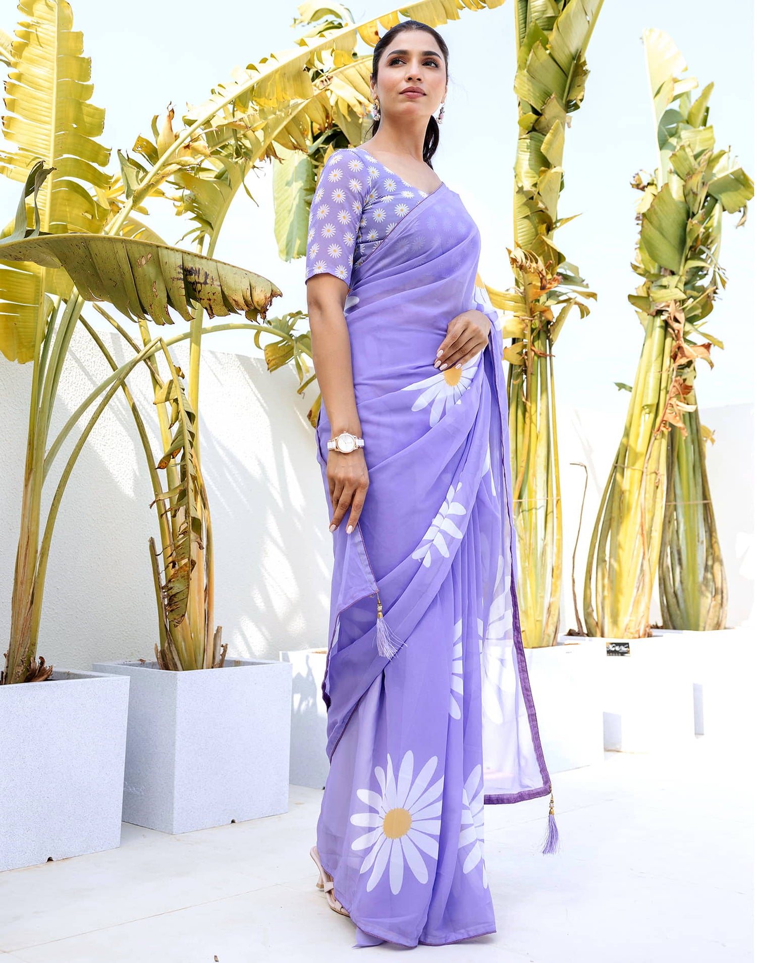 Ready To Wear Light Purple Georgette Floral Printed Saree