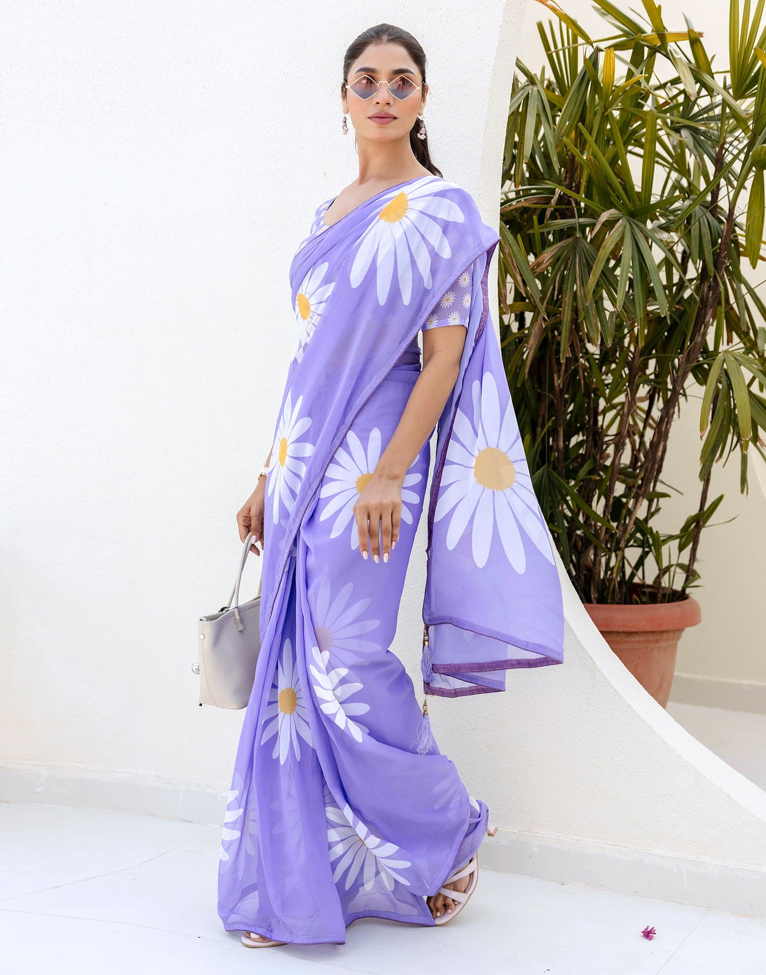 Ready To Wear Light Purple Georgette Floral Printed Saree