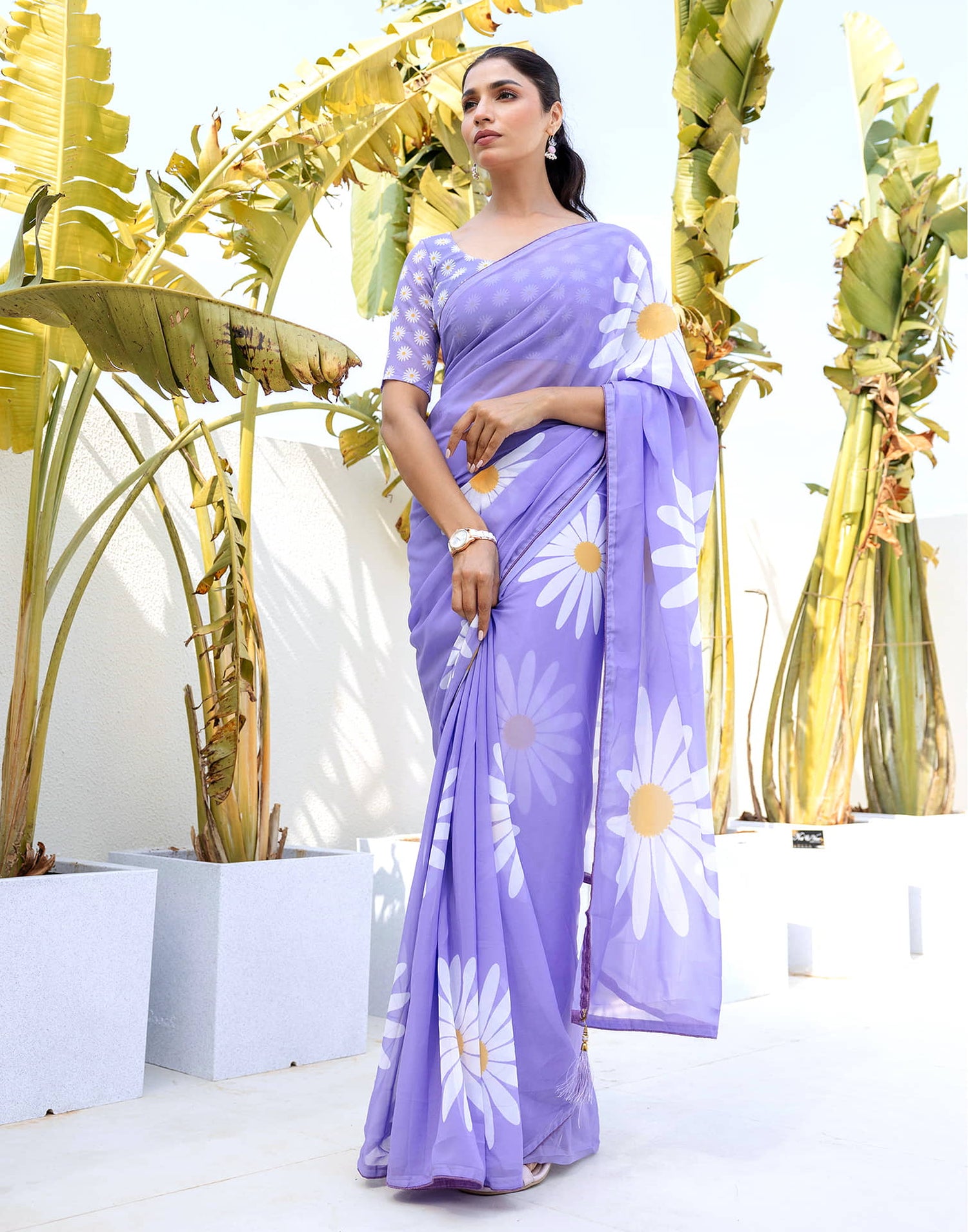 Ready To Wear Light Purple Georgette Floral Printed Saree
