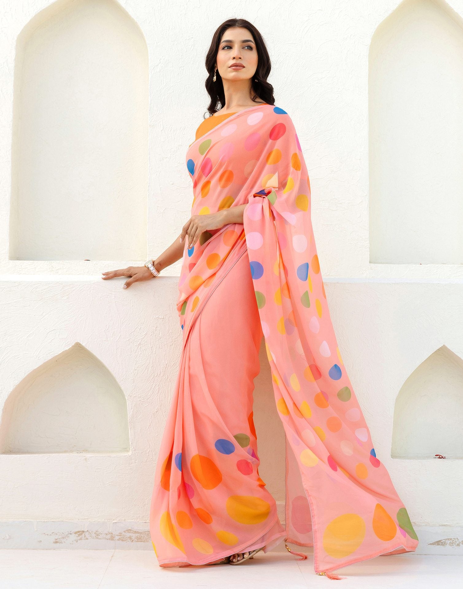 Ready To Wear Light Peach Georgette Printed Saree