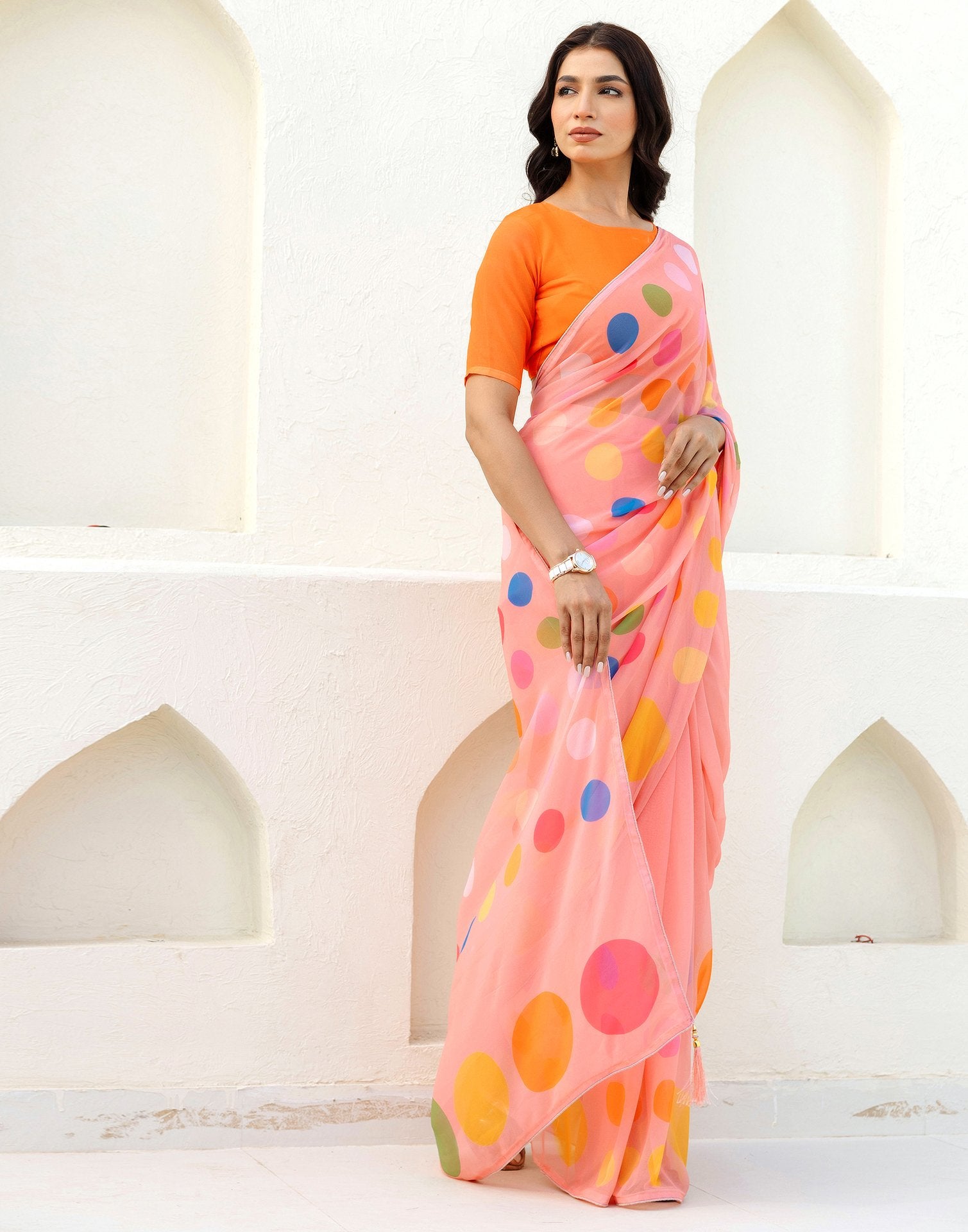 Ready To Wear Light Peach Georgette Printed Saree