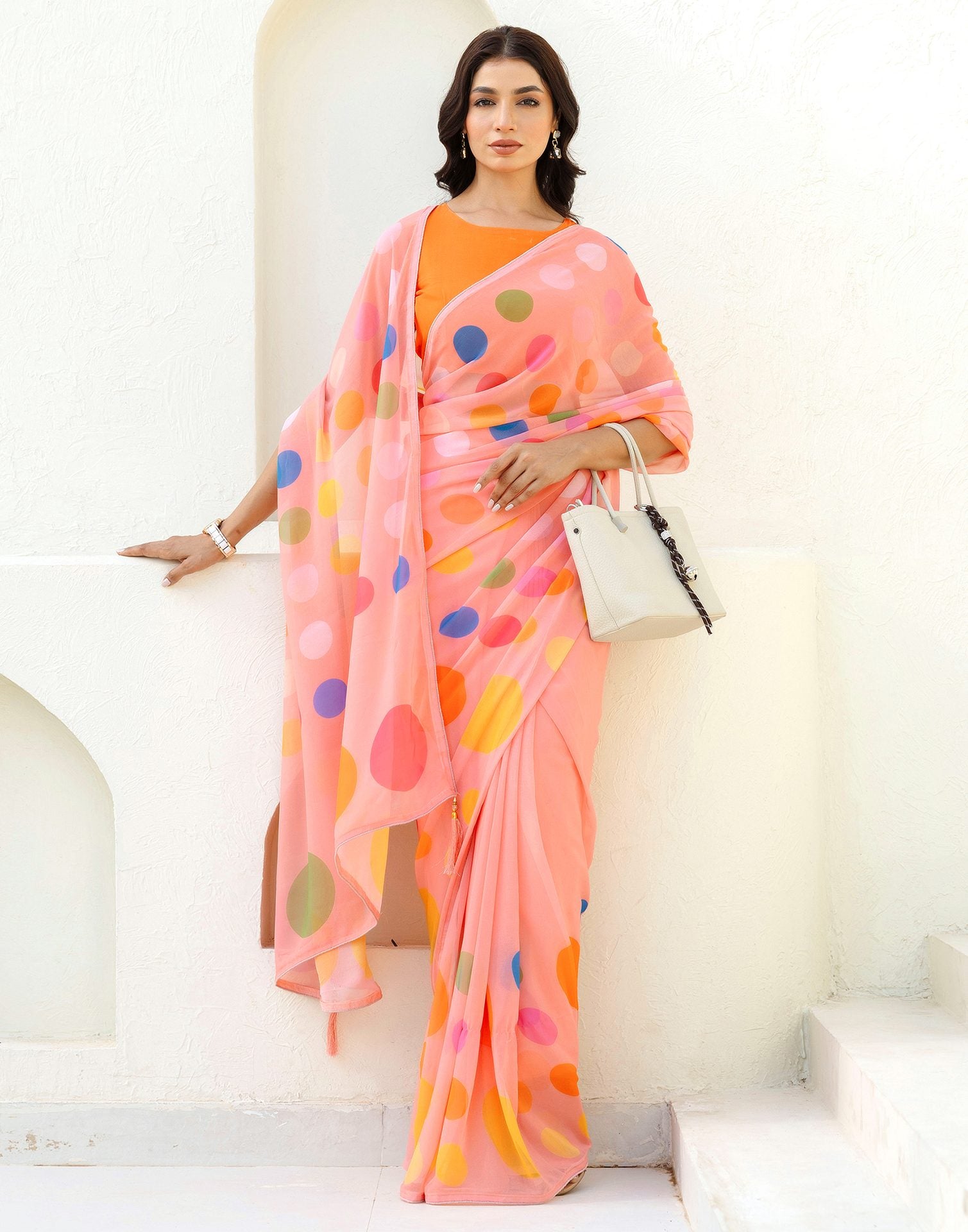 Ready To Wear Light Peach Georgette Printed Saree