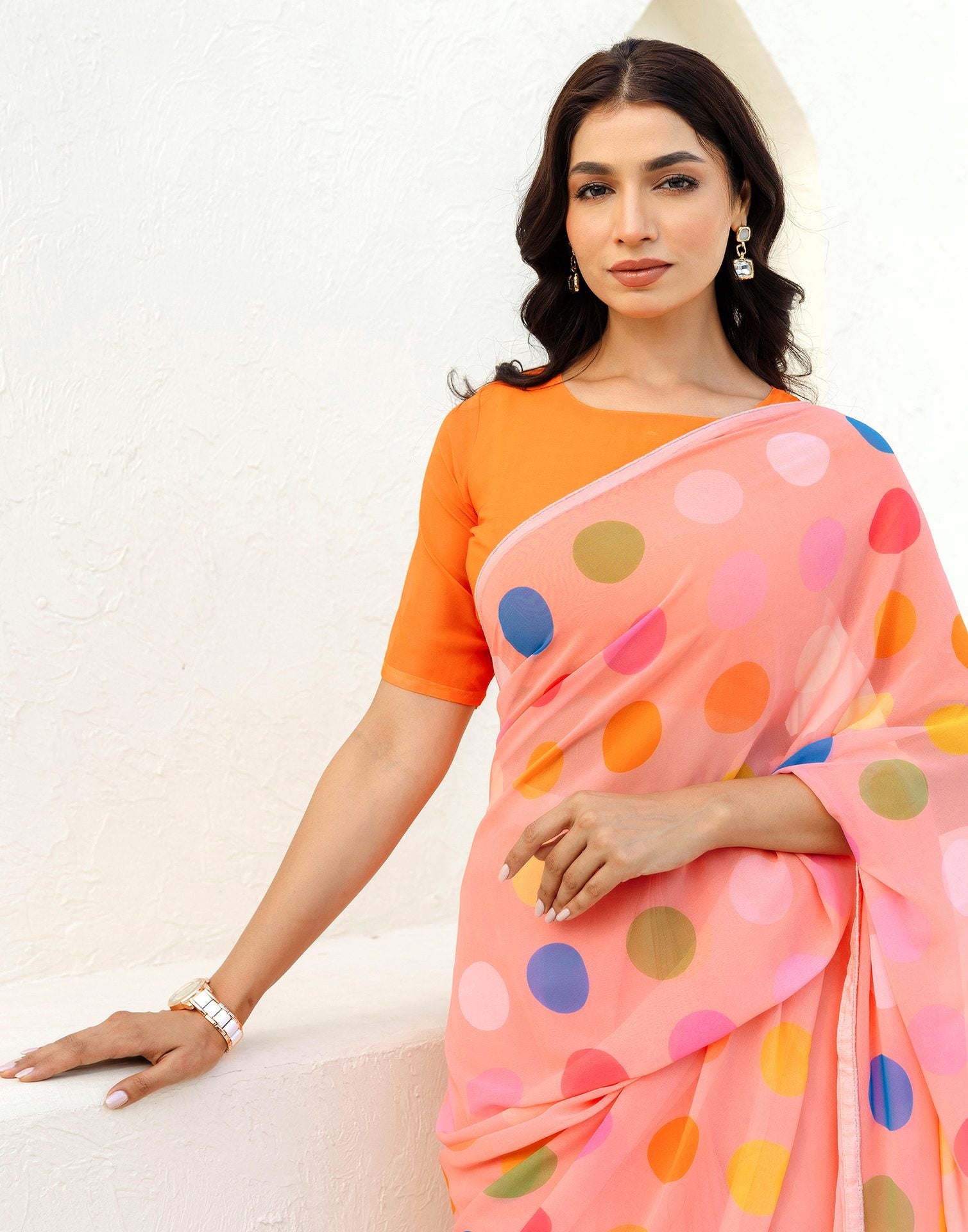 Ready To Wear Light Peach Georgette Printed Saree