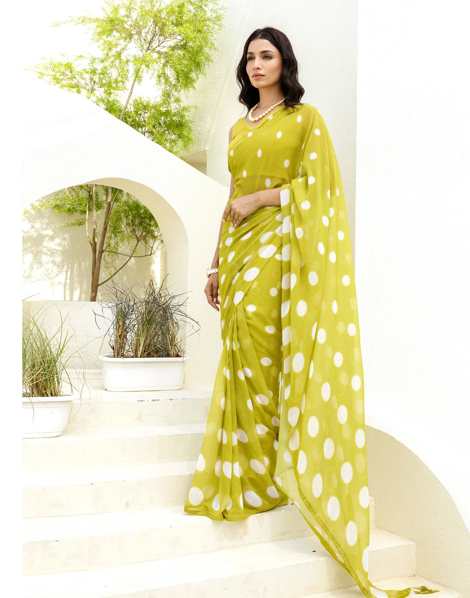 Ready To Wear Lime Green Georgette Printed Saree