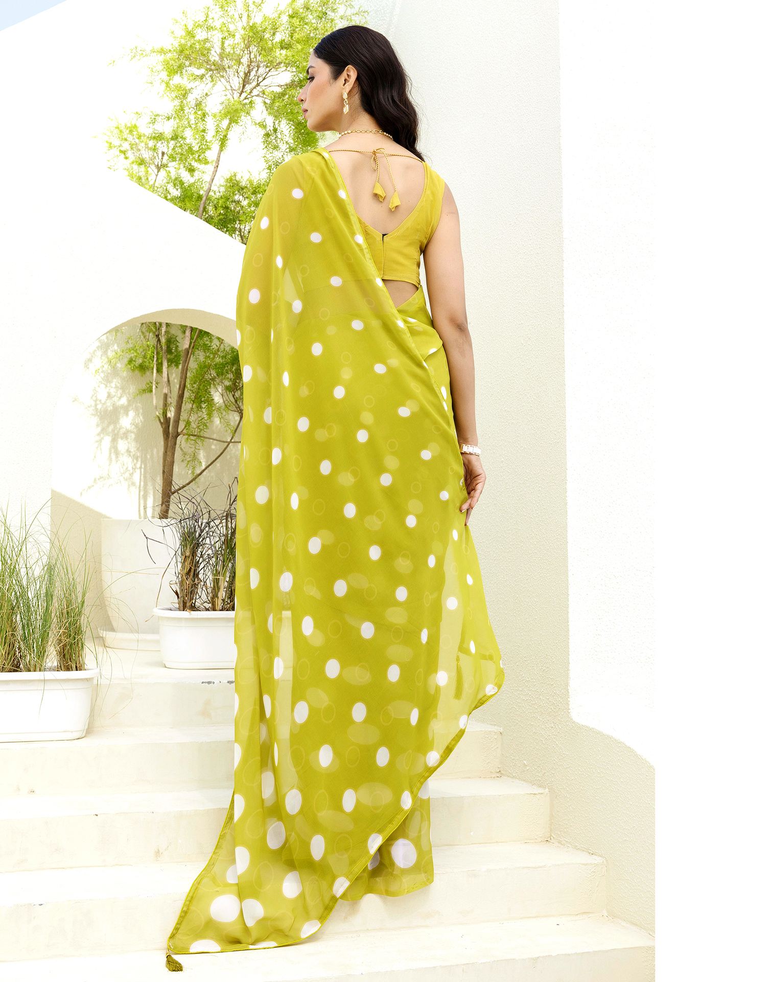 Ready To Wear Lime Green Georgette Printed Saree