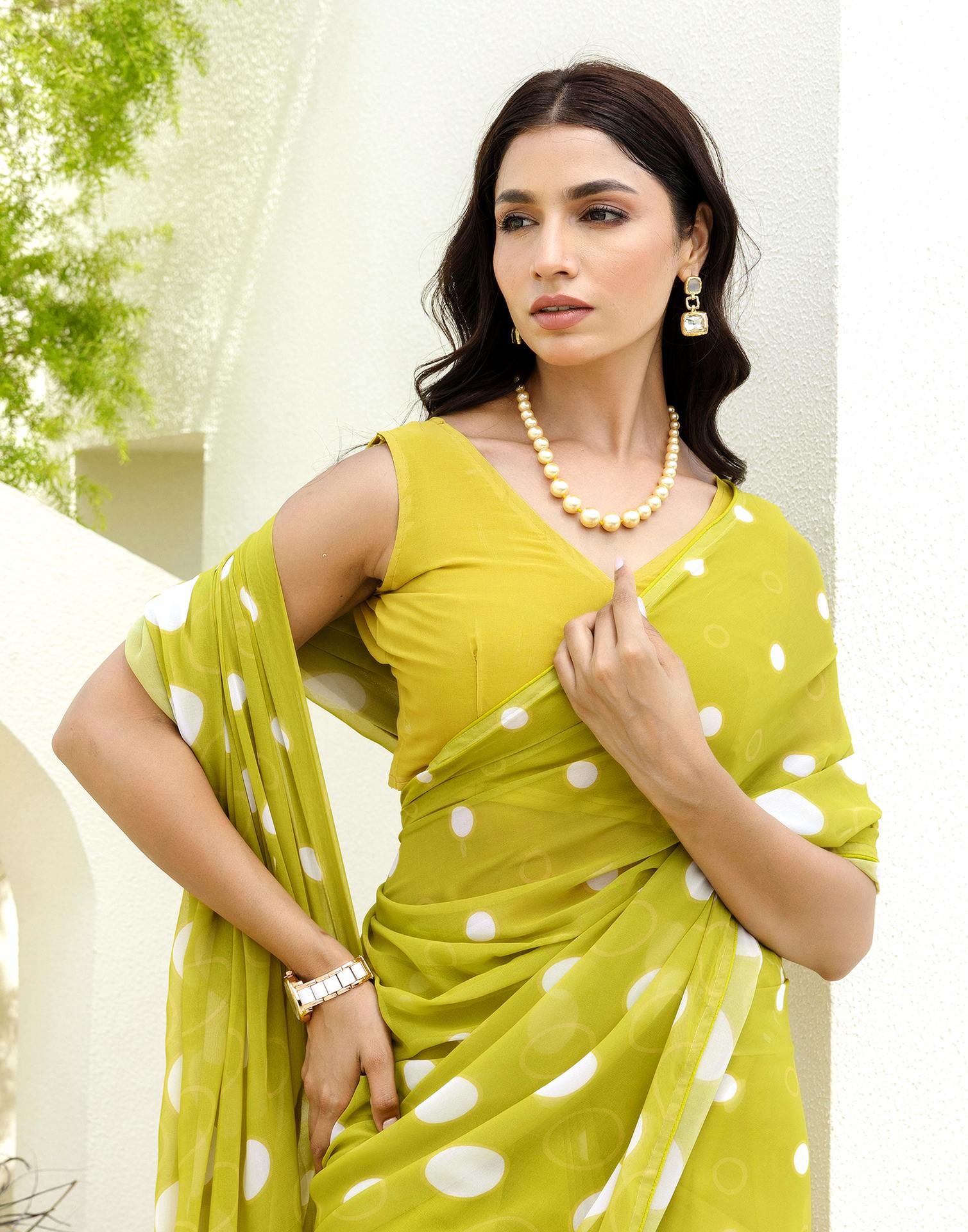Ready To Wear Lime Green Georgette Printed Saree