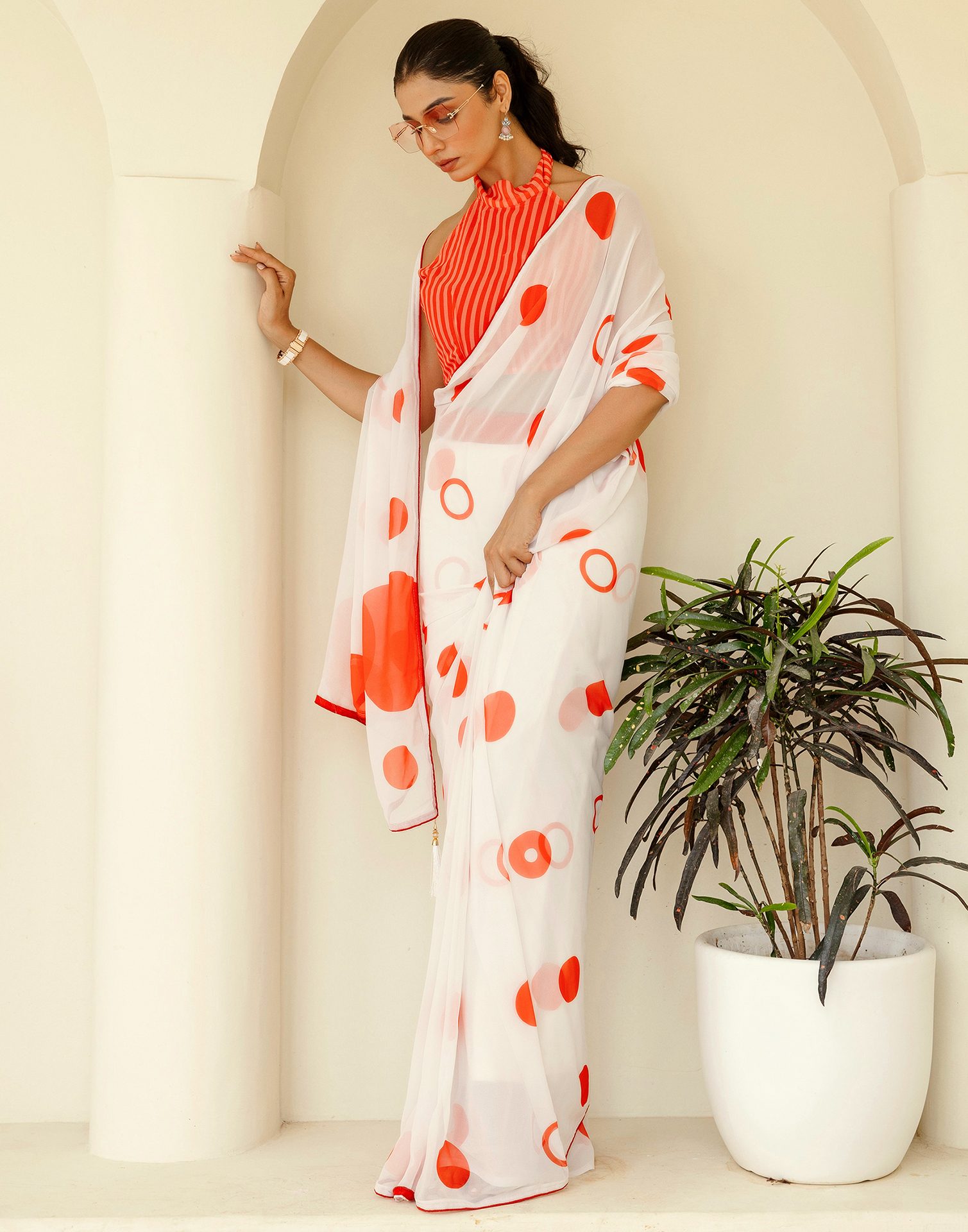 Ready To Wear White Georgette Printed Saree