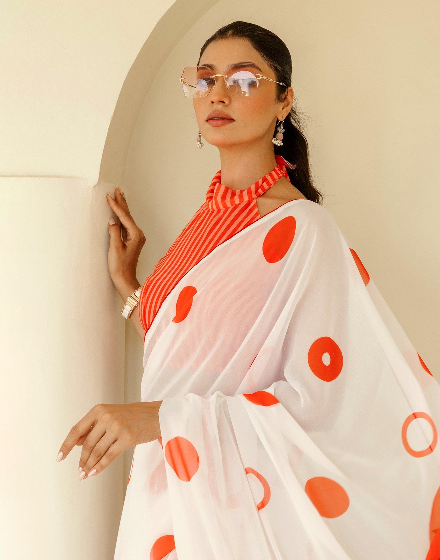 Ready To Wear White Georgette Printed Saree