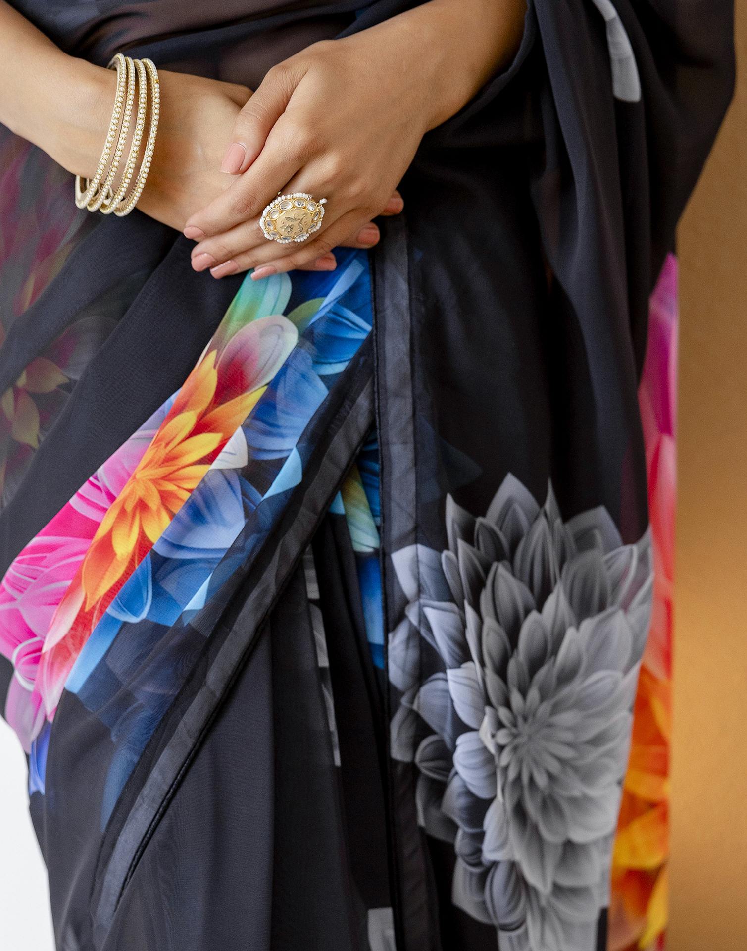 Ready To Wear Black Georgette Floral Printed Saree