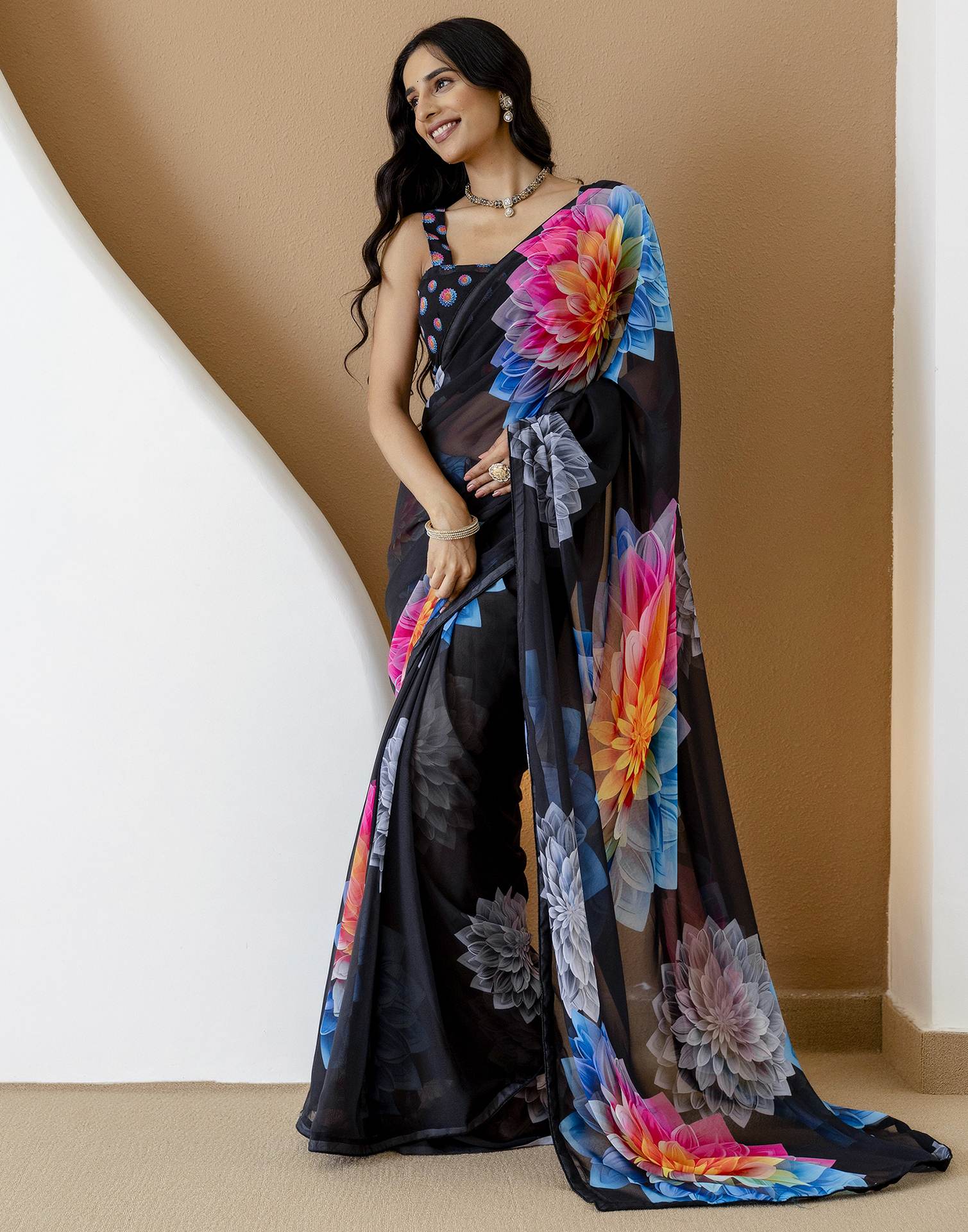 Ready To Wear Black Georgette Floral Printed Saree