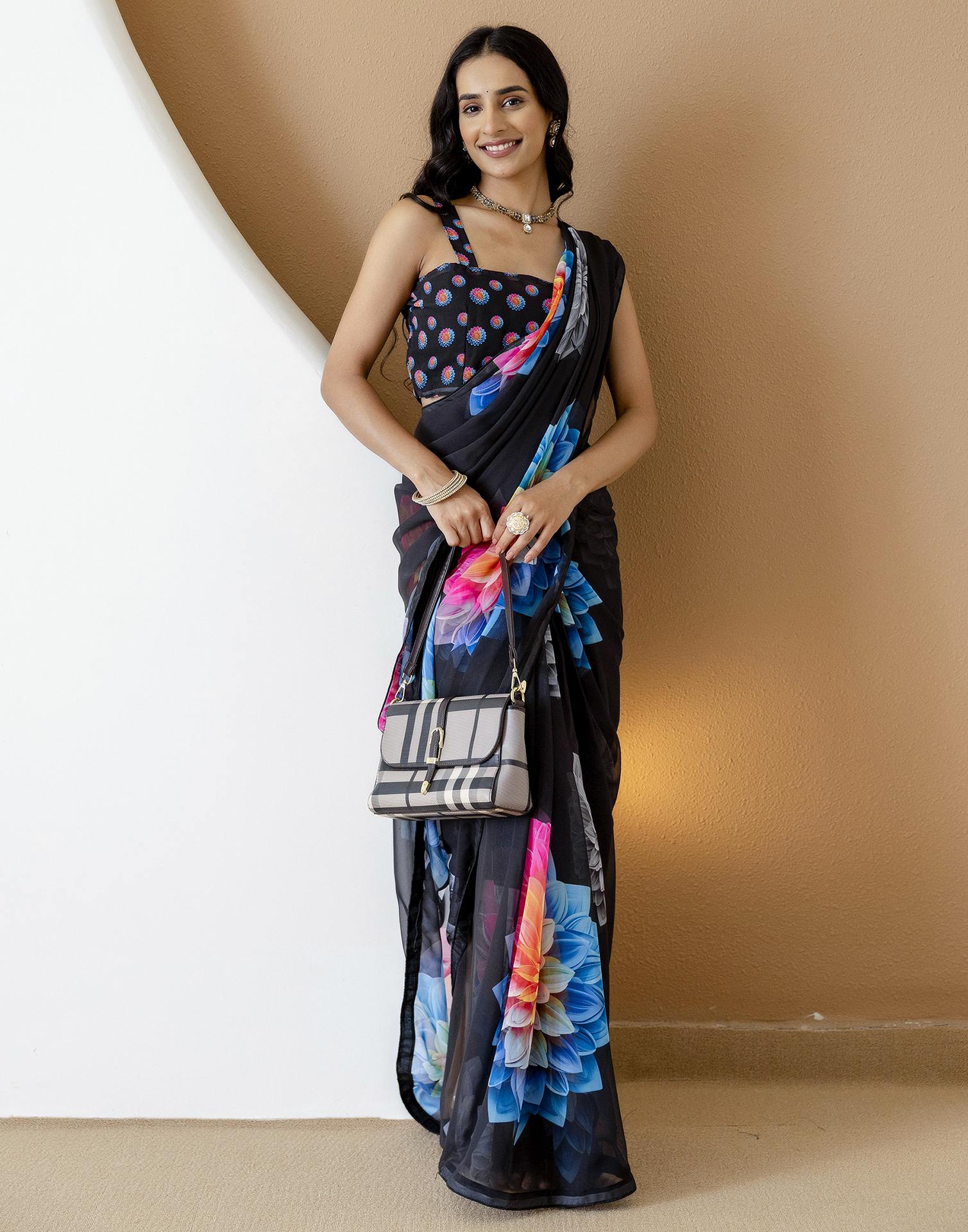 Ready To Wear Black Georgette Floral Printed Saree