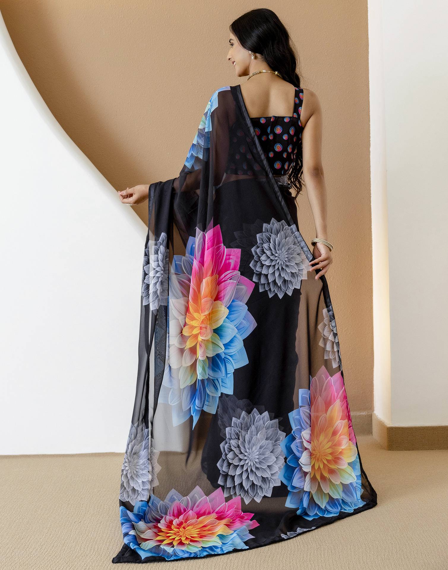 Ready To Wear Black Georgette Floral Printed Saree